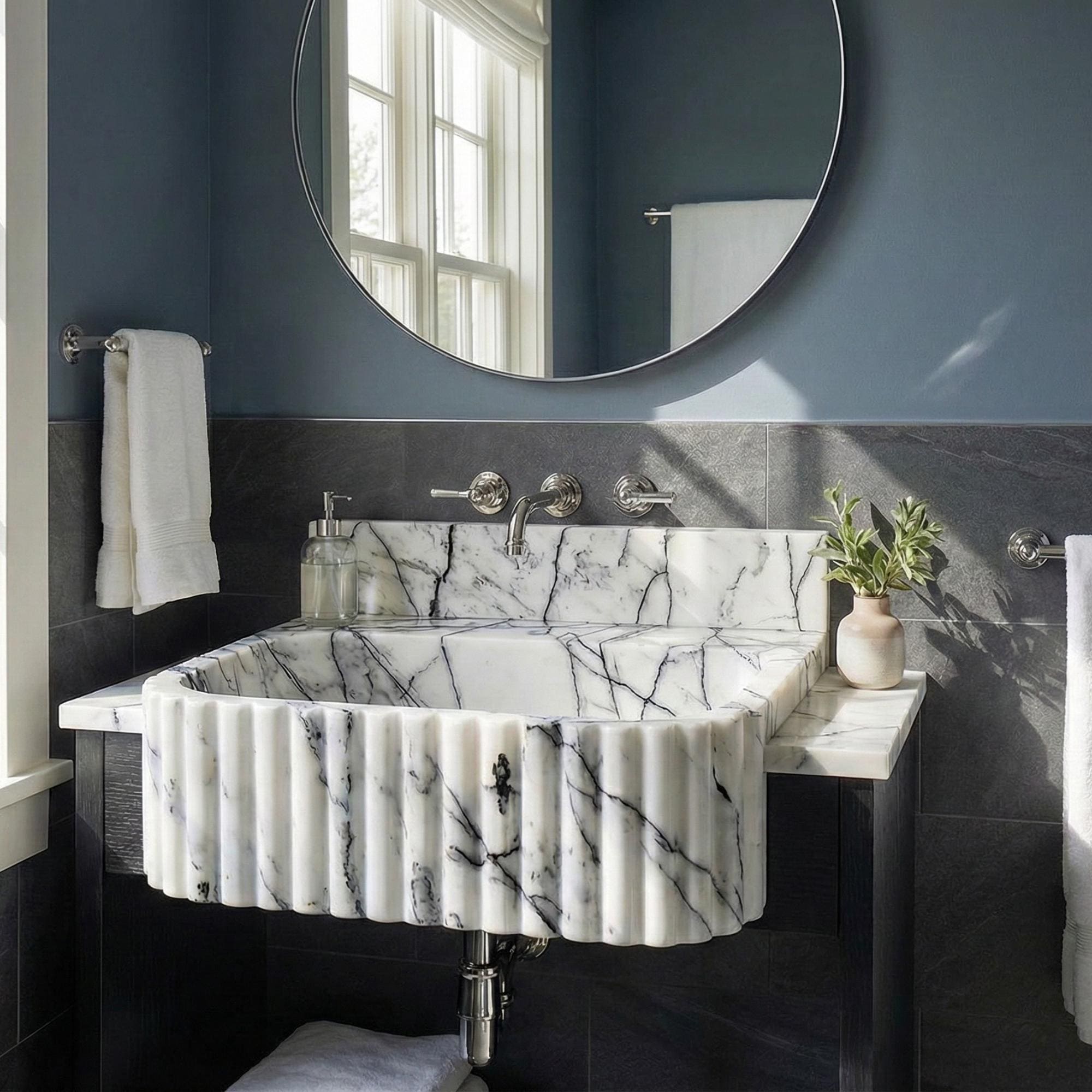 Hand Carved Lilac Marble Sink, Wall Mounted Vanity, Powder Room Stone Sink