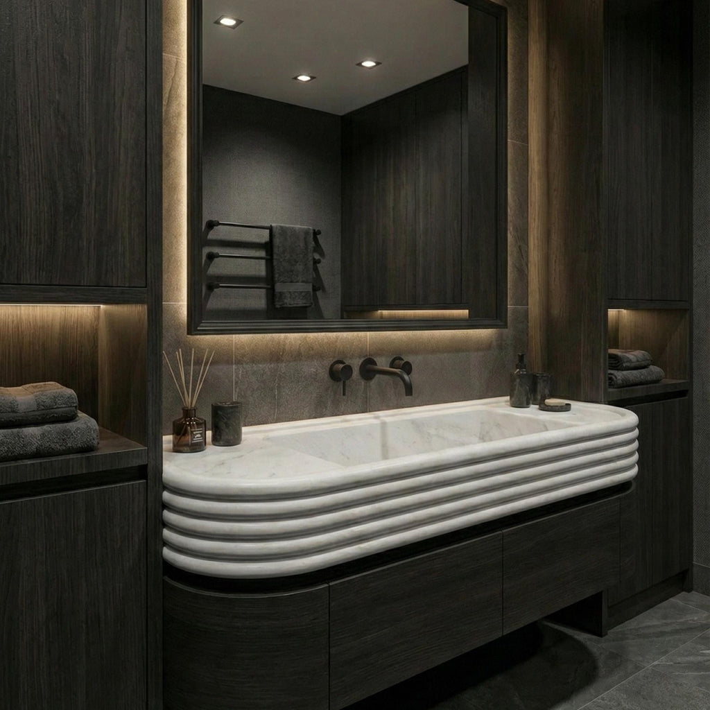 Handmade Carrara Marble Wall Mounted Sink, Floating Carrara Marble Sink With Vanity