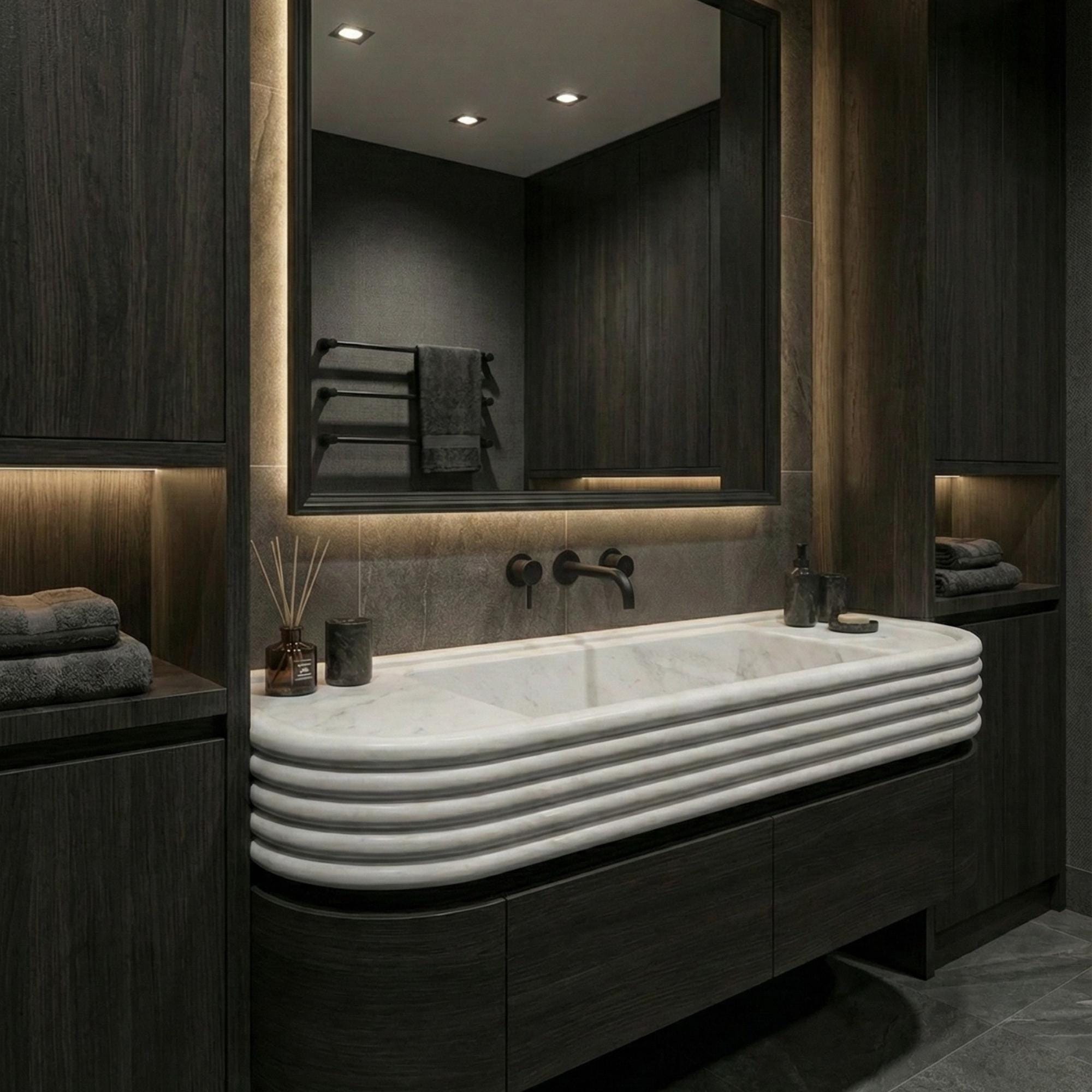 Handmade Carrara Marble Wall Mounted Sink, Floating Carrara Marble Sink With Vanity