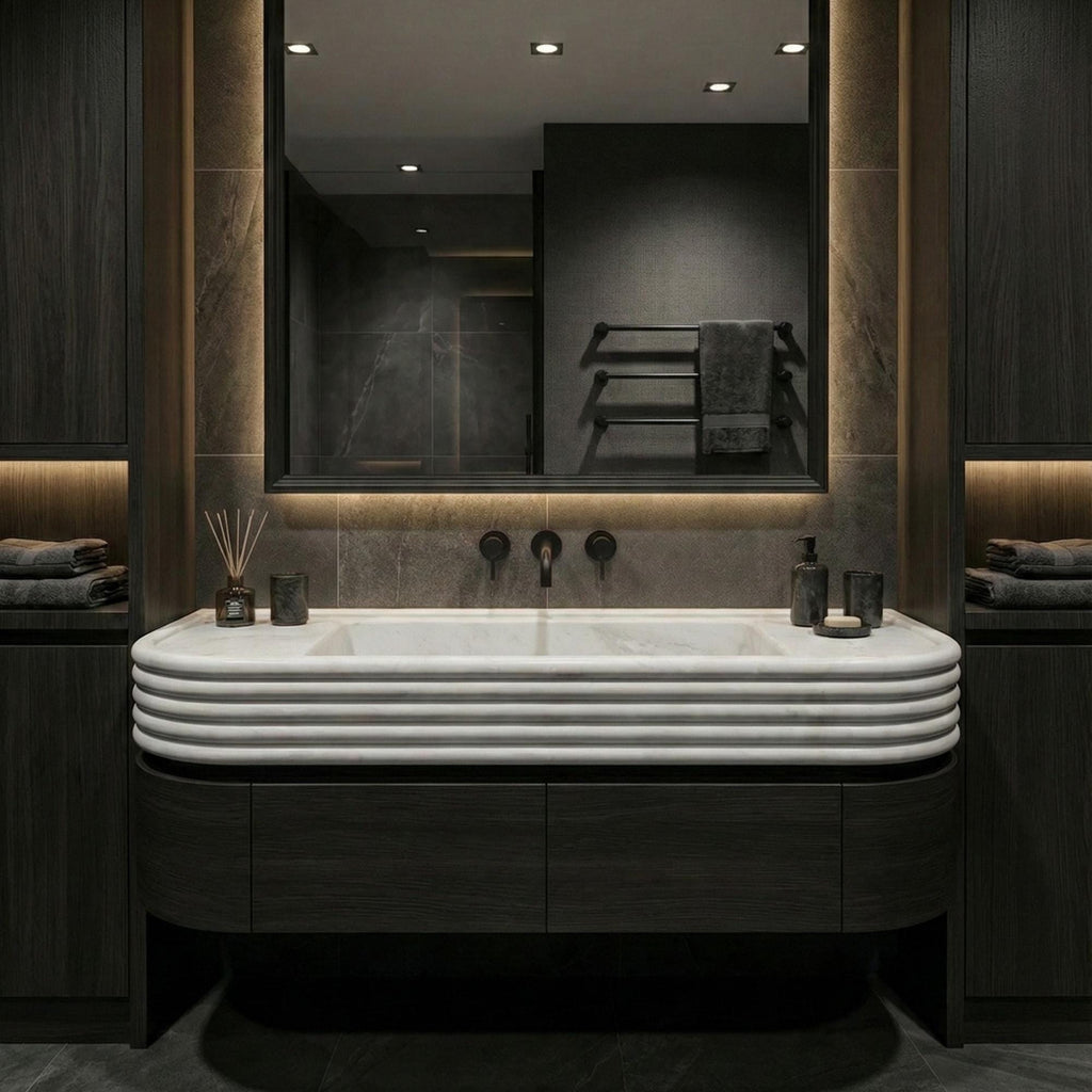 Handmade Carrara Marble Wall Mounted Sink, Floating Carrara Marble Sink With Vanity