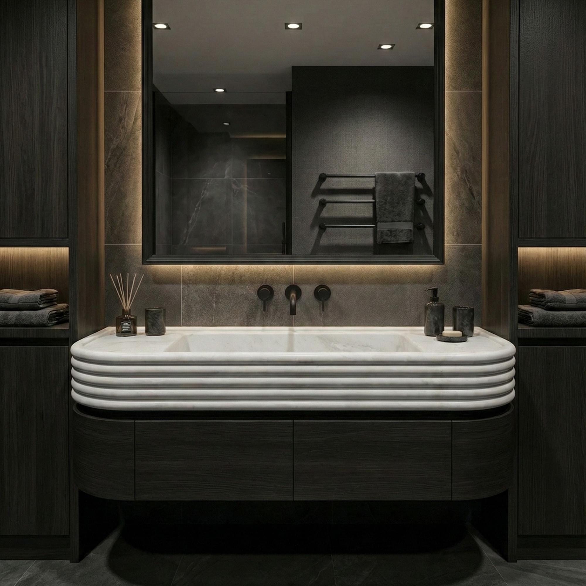 Handmade Carrara Marble Wall Mounted Sink, Floating Carrara Marble Sink With Vanity