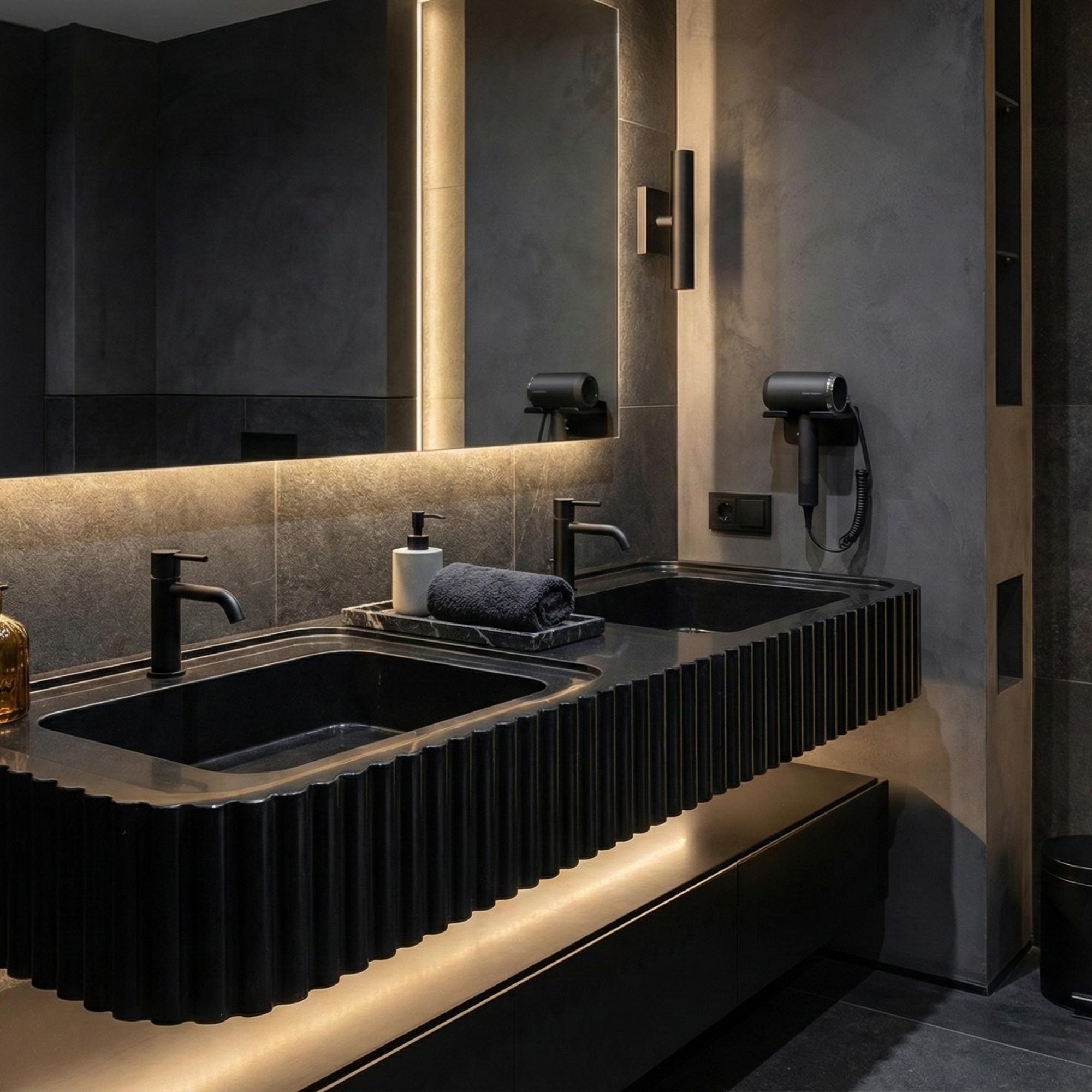 Black Nero Marquina Double Sink Vanity, Fluted Marble Wall Mount Basin, Luxury Solid Stone Vessel Sink