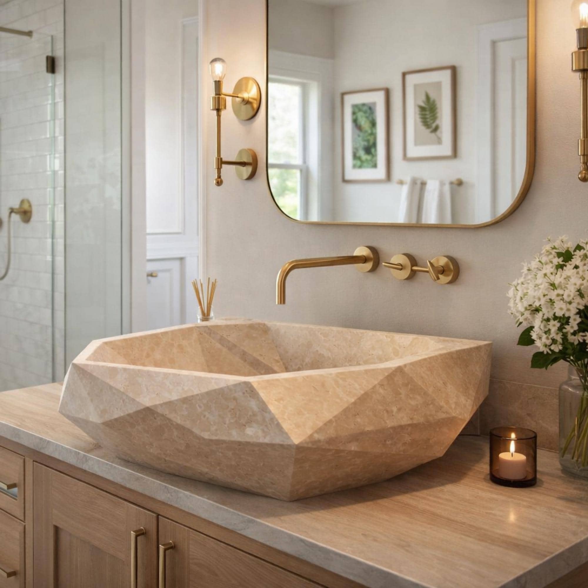 Natural Travertine Sink, Wall Mounted Sink, Fluted Marble Sink Basin