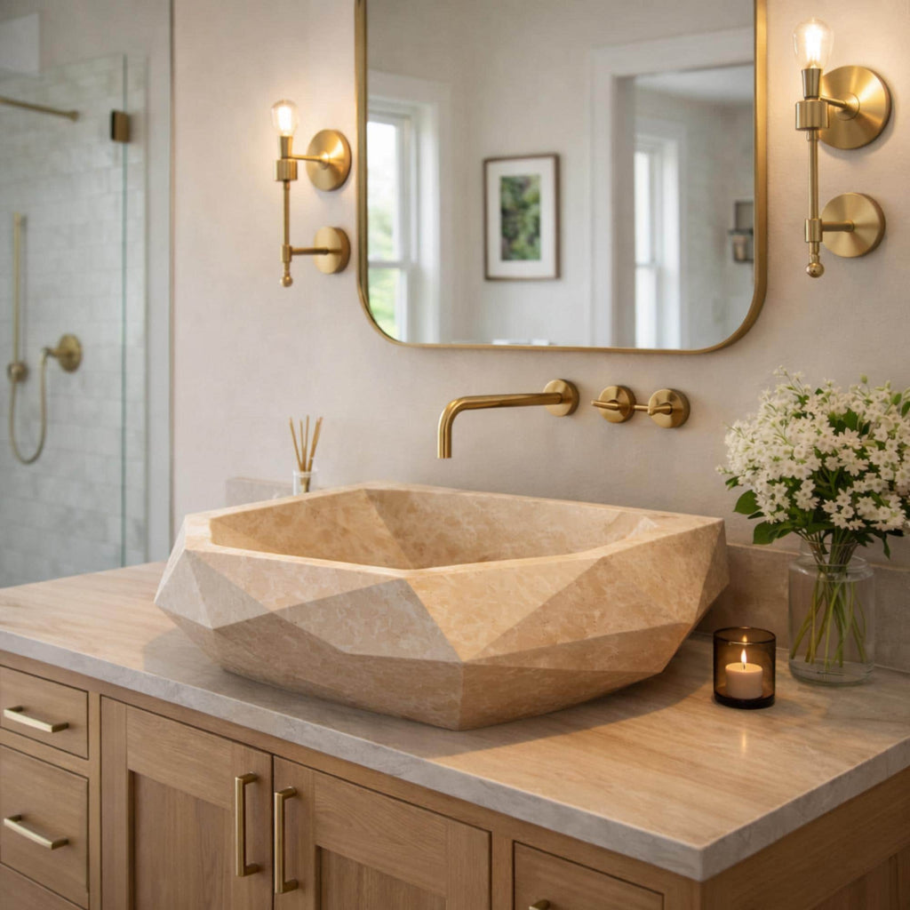 Natural Travertine Sink, Wall Mounted Sink, Fluted Marble Sink Basin