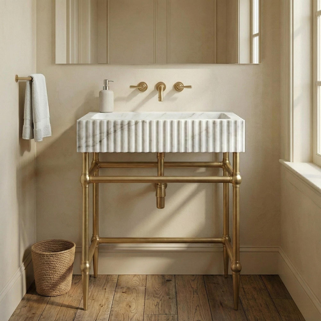 Marble Console Sink with Brass Stand, Fluted White Marble Bathroom Sink, Wall Mounted Luxury Vanity Sink, Handmade Natural Stone Washbasin