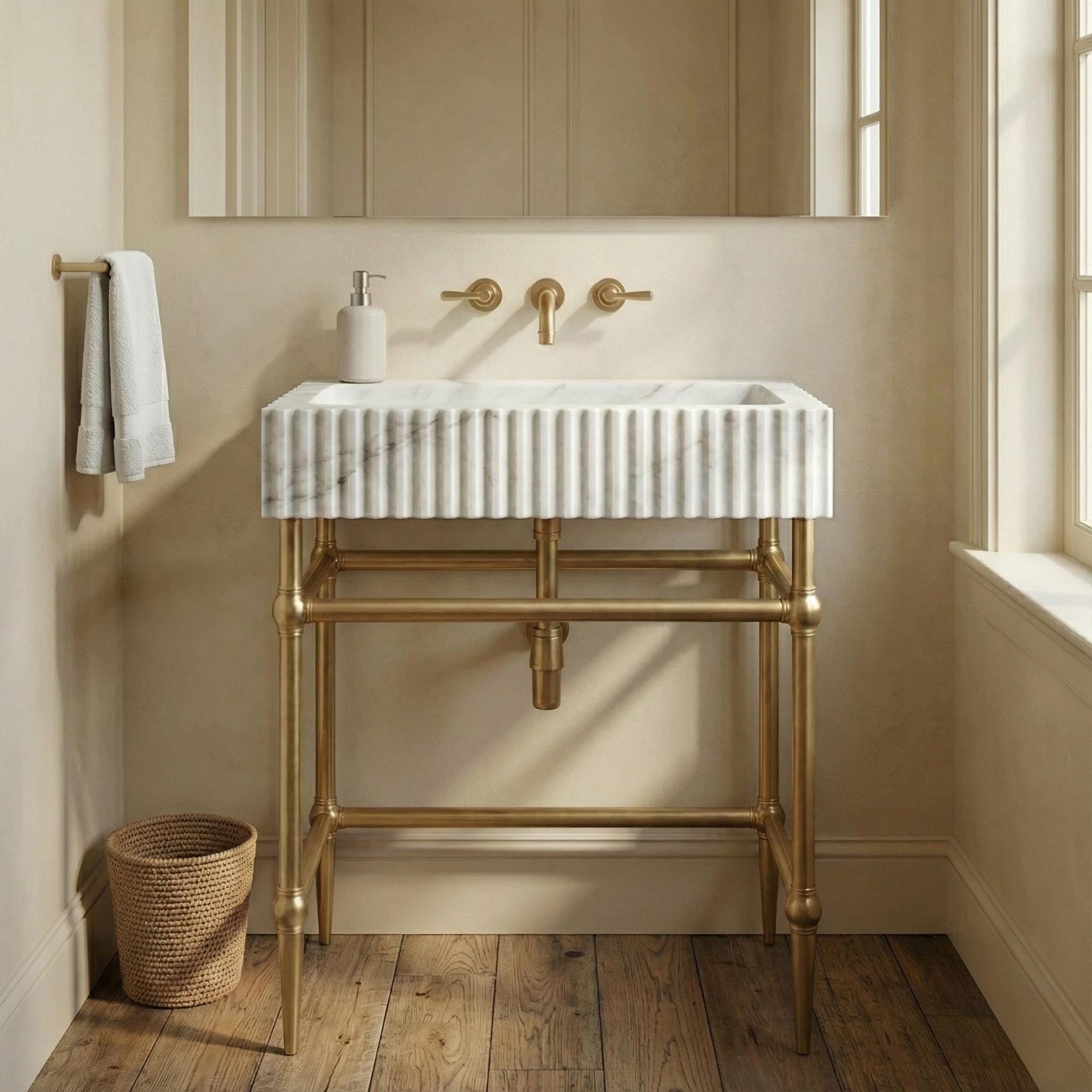Marble Console Sink with Brass Stand, Fluted White Marble Bathroom Sink, Wall Mounted Luxury Vanity Sink, Handmade Natural Stone Washbasin