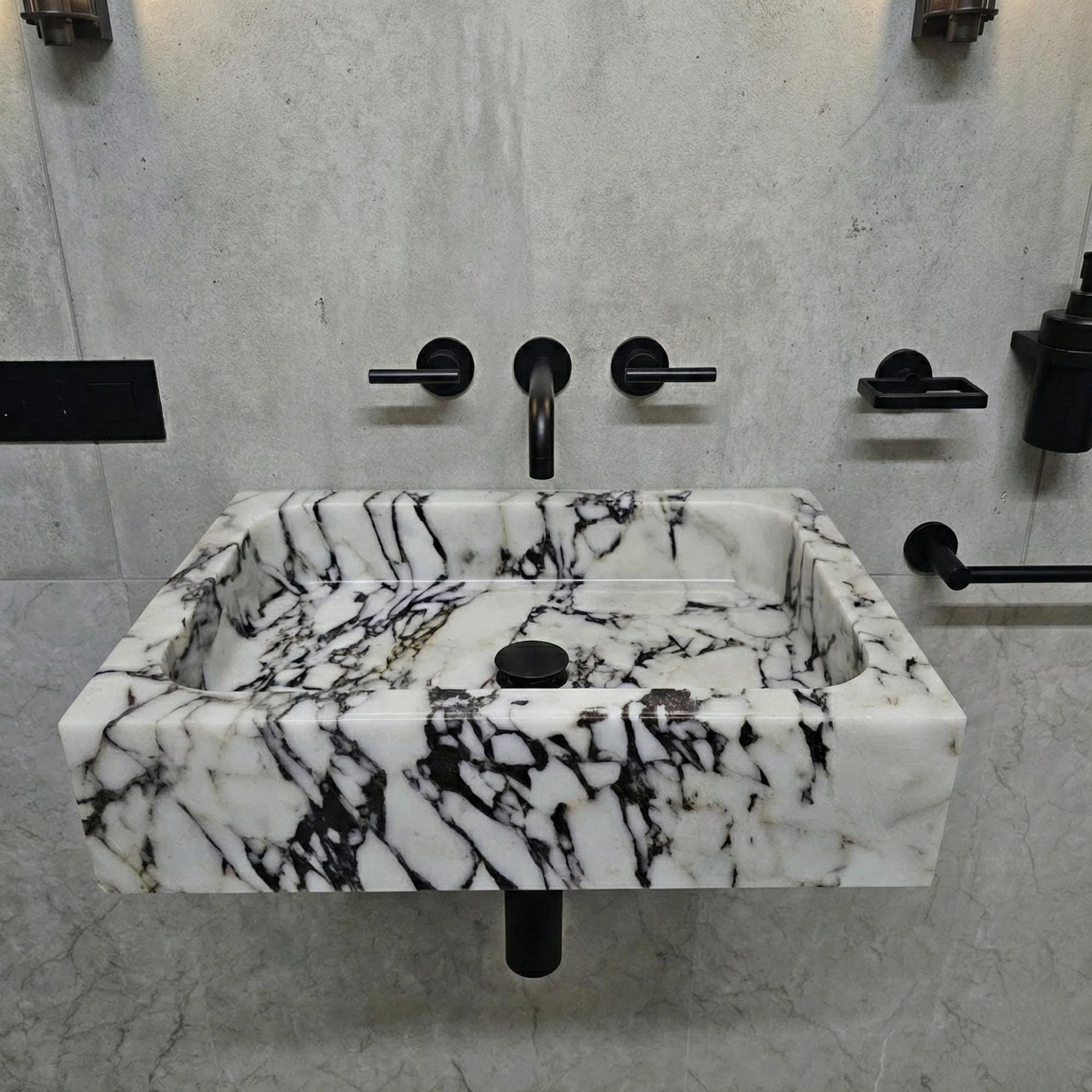 Calacatta Viola Marble Wall Mounted Sink, Handmade Natural Stone Bathroom Basin, Rectangular Italian Marble Washbasin,