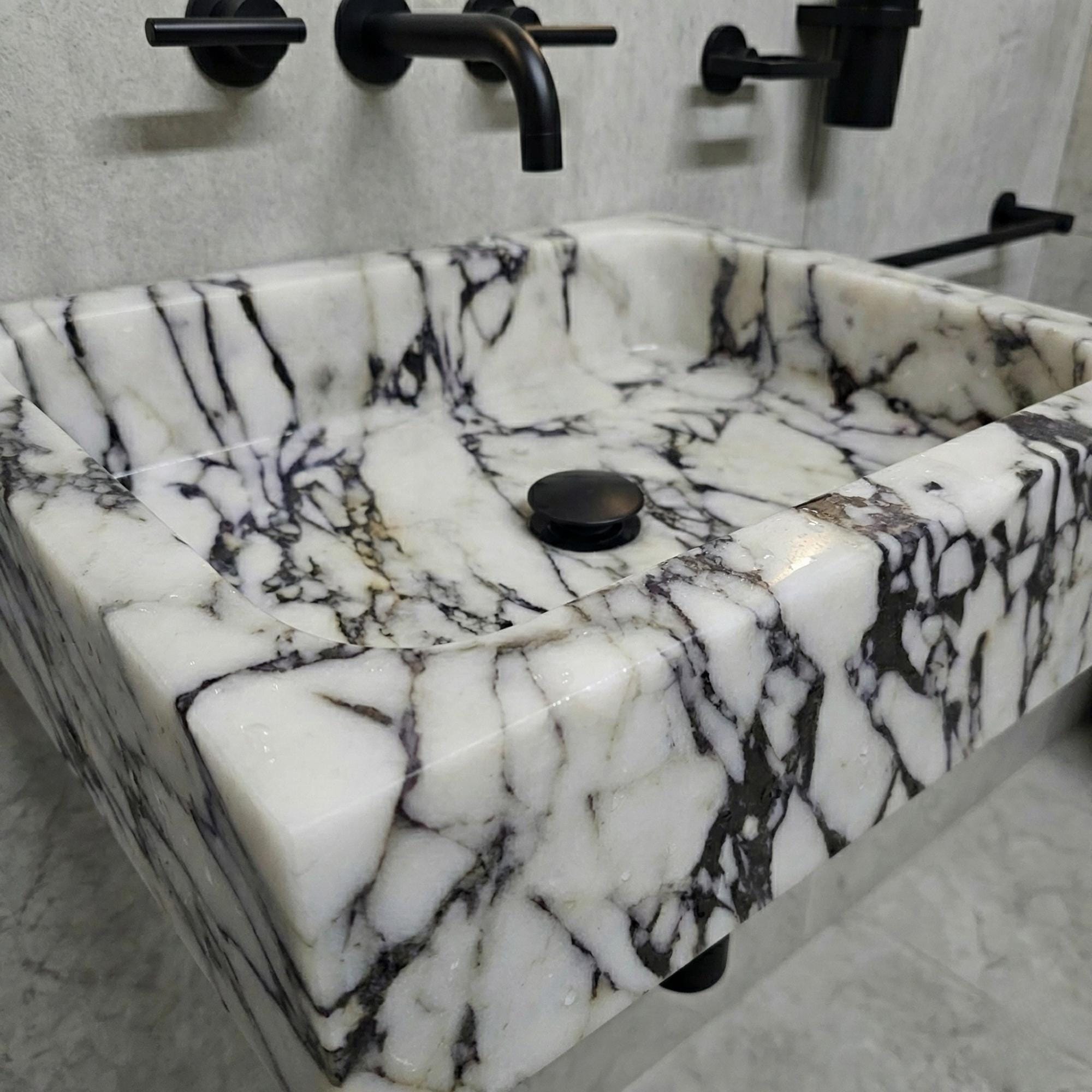 Calacatta Viola Marble Wall Mounted Sink, Handmade Natural Stone Bathroom Basin, Rectangular Italian Marble Washbasin,