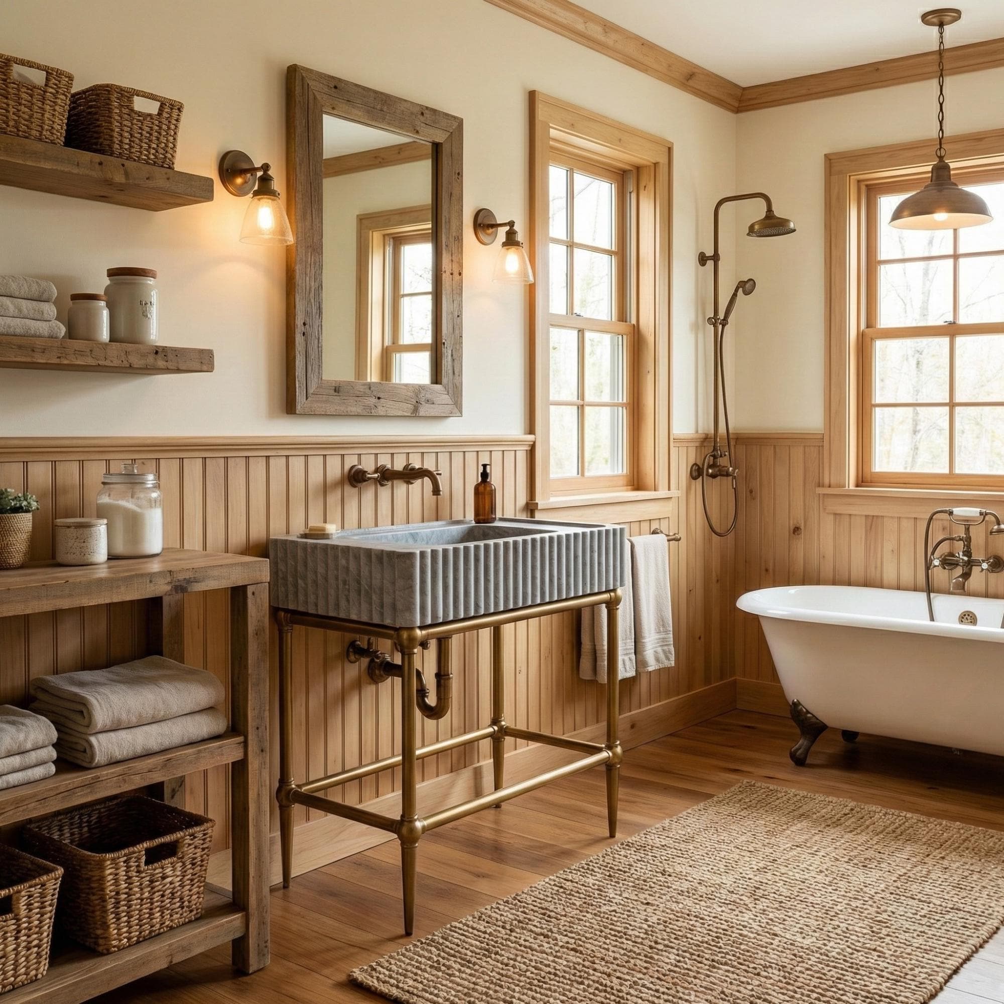 Emperador Marble Sink with Grooved Front, Metal Bracket Vanity Sink, Handmade Natural Stone Console Basin