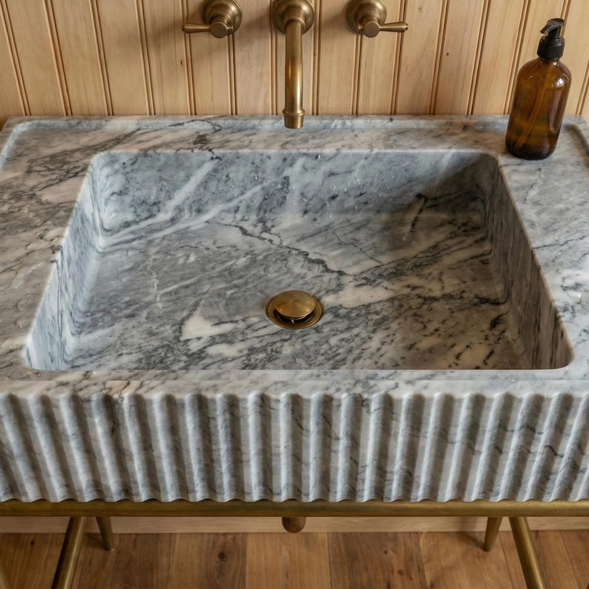 Emperador Marble Sink with Grooved Front, Metal Bracket Vanity Sink, Handmade Natural Stone Console Basin