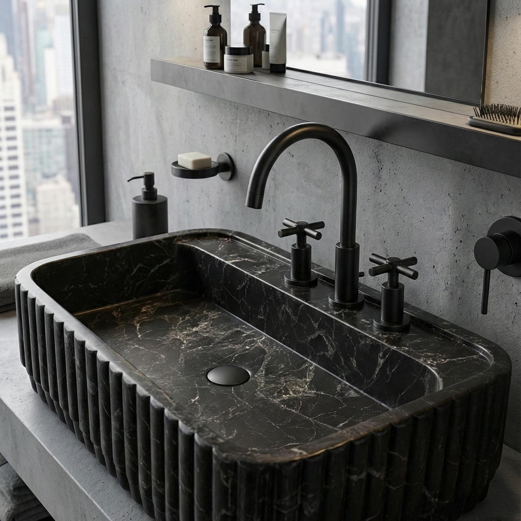 Handcrafted Premium Nero Marquina Marble Sink, Grooved Fluted Black Stone Vessel Basin, Luxury Bathroom Vanity Bowl,