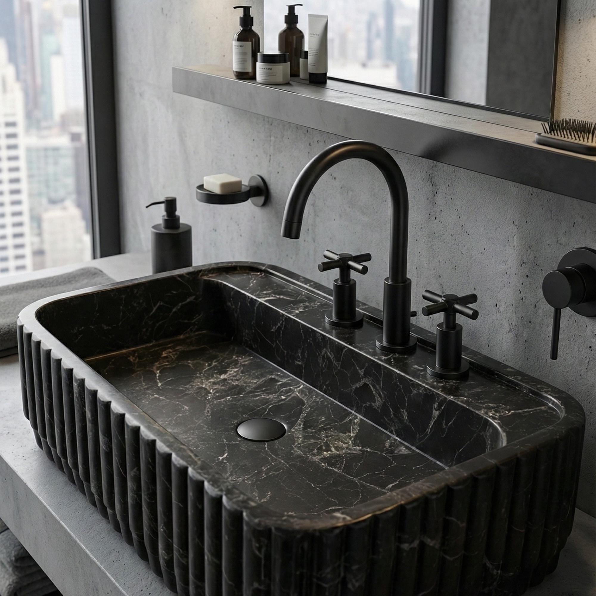 Handcrafted Premium Nero Marquina Marble Sink, Grooved Fluted Black Stone Vessel Basin, Luxury Bathroom Vanity Bowl,
