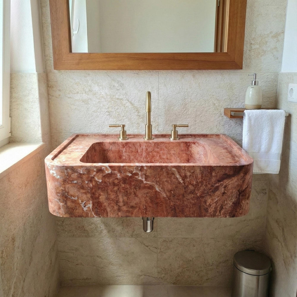 Red Travertine Marble Sink, Powder Room Marble Sink, Wall Mount Marble Sink, Marble Floating Sink