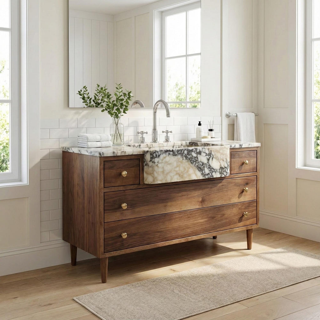 Handmade Calacatta Marble Vanity Sink, Custom Marble Bathroom Vanity with Marble Sink and Ramp Basin for Modern Home Decor