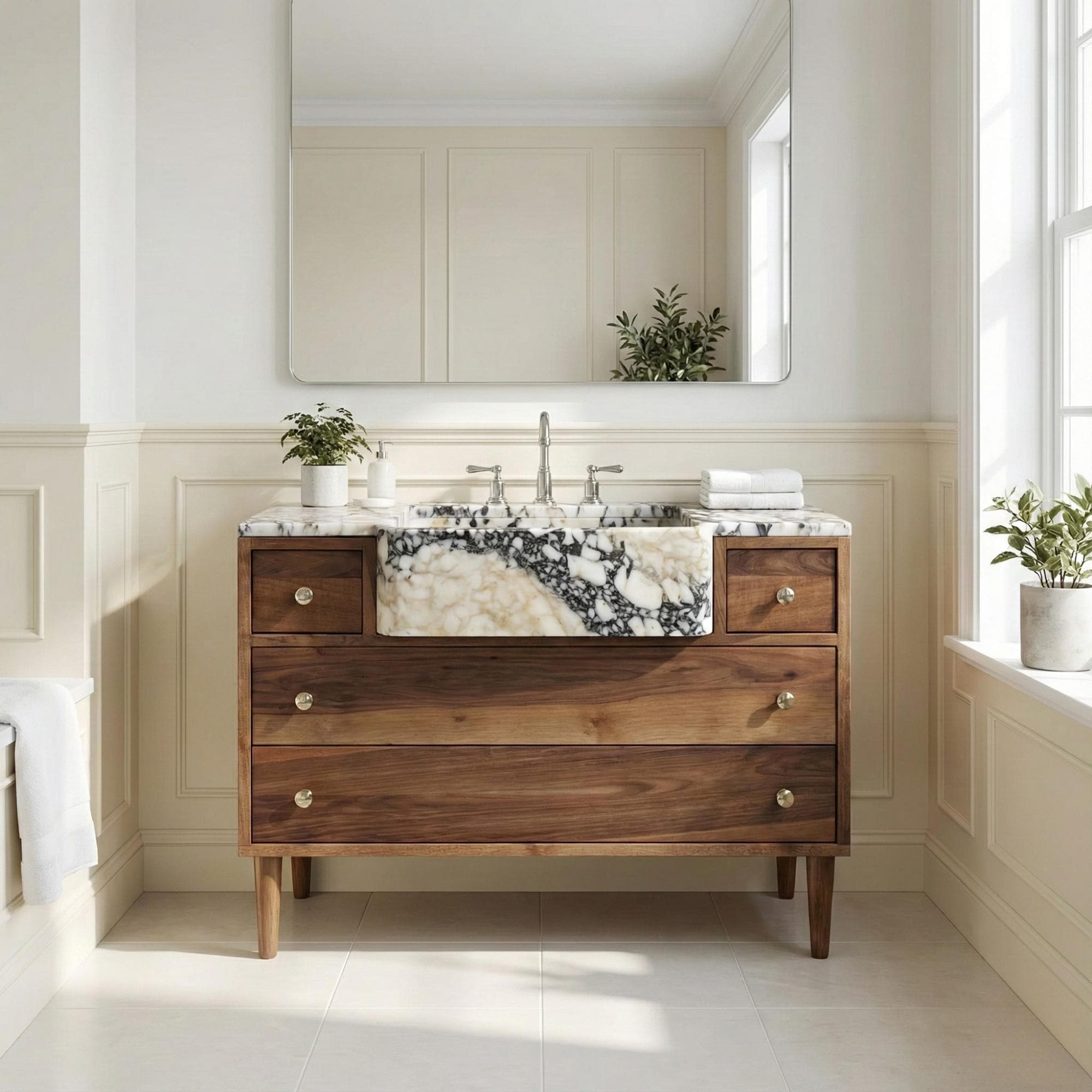 Handmade Calacatta Marble Vanity Sink, Custom Marble Bathroom Vanity with Marble Sink and Ramp Basin for Modern Home Decor