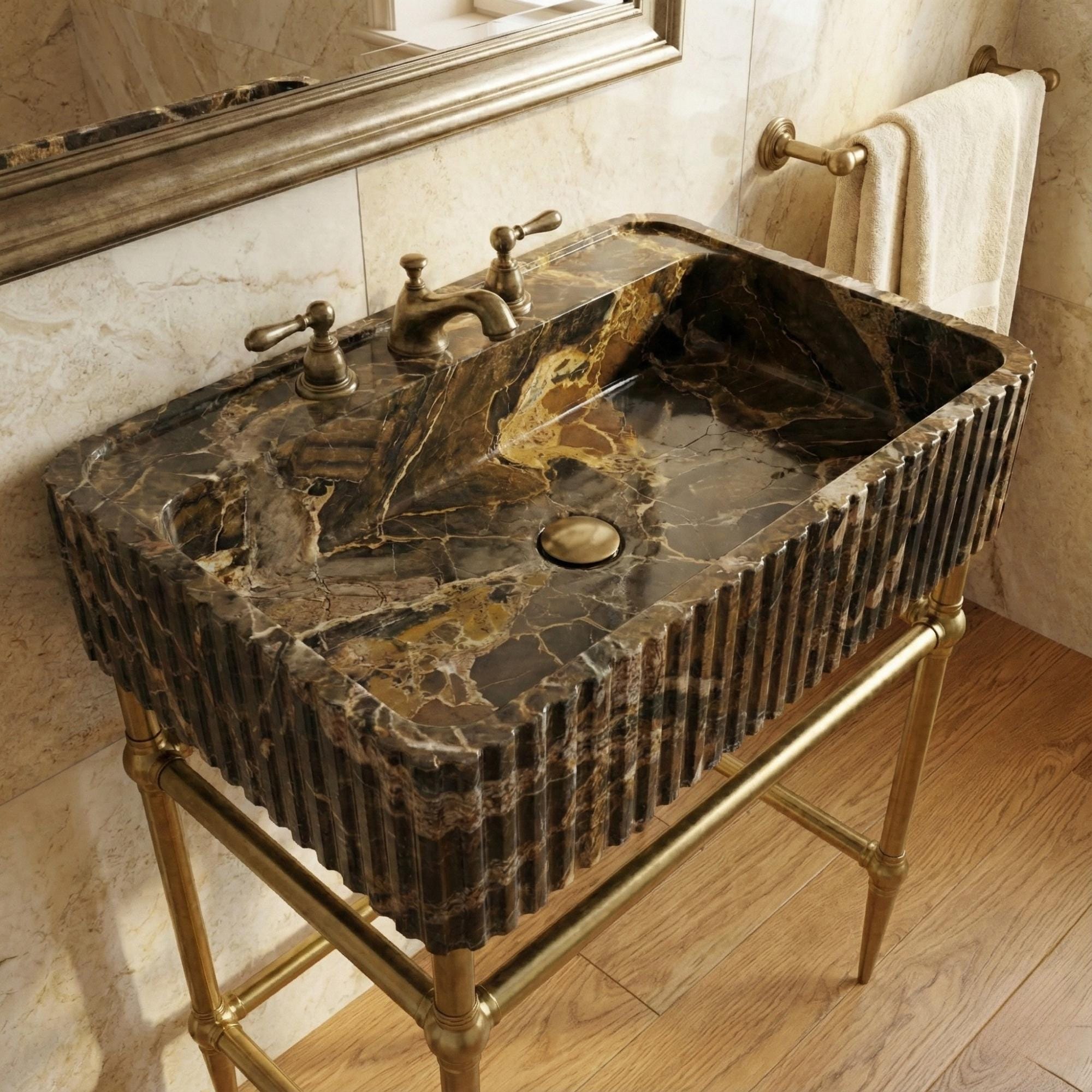 Fluted Picasso Marble Sink, Fluted Wall Mount Natural Stone Basin for Powder Room Vanity