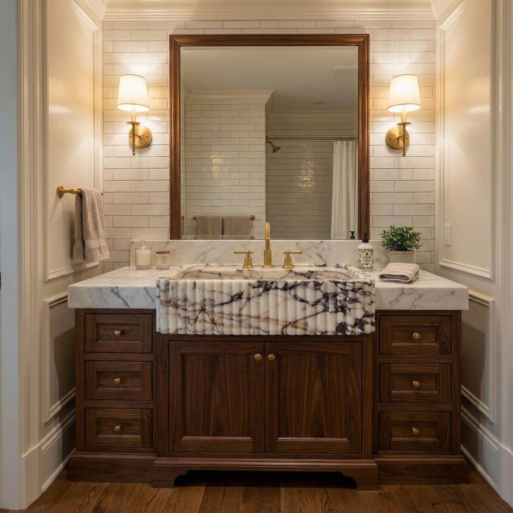 Calacatta Marble Sink with Walnut Vanity, Fluted Bathroom Vanity, Custom Stone Vessel Sink, Modern Luxury Bathroom Decor