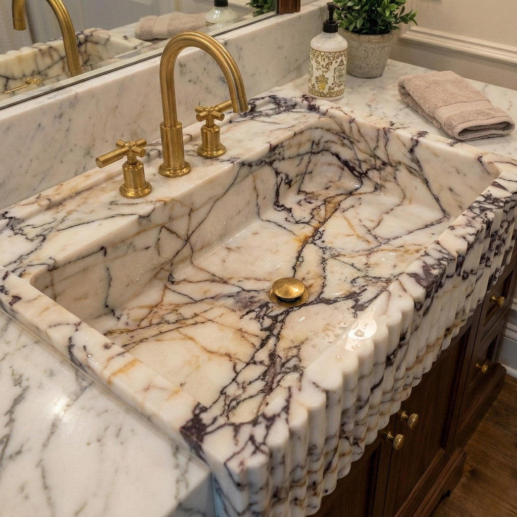 Calacatta Marble Sink with Walnut Vanity, Fluted Bathroom Vanity, Custom Stone Vessel Sink, Modern Luxury Bathroom Decor