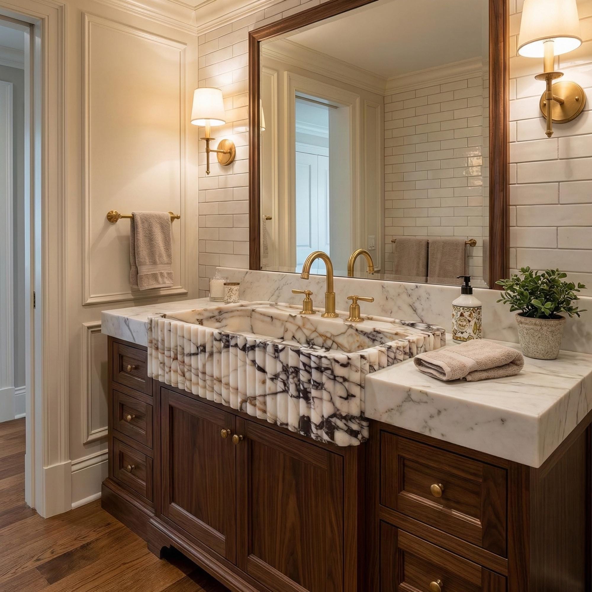 Calacatta Marble Sink with Walnut Vanity, Fluted Bathroom Vanity, Custom Stone Vessel Sink, Modern Luxury Bathroom Decor