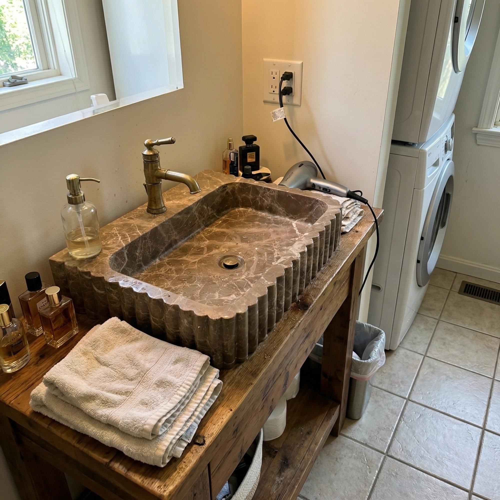 Emparador Marble Sink Grooved Front, Handmade Emparador Marble Sink, A Luxurious Vessel Sink