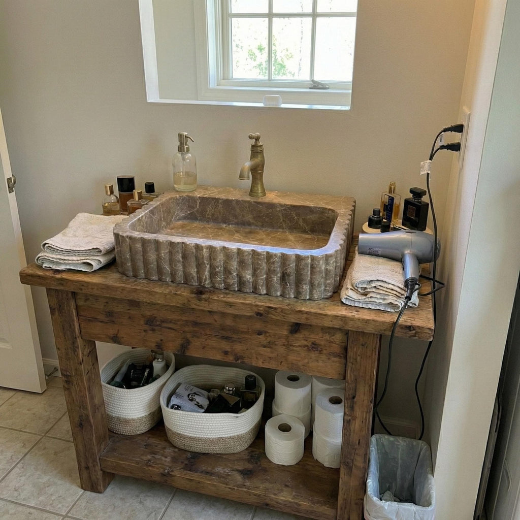 Emparador Marble Sink Grooved Front, Handmade Emparador Marble Sink, A Luxurious Vessel Sink