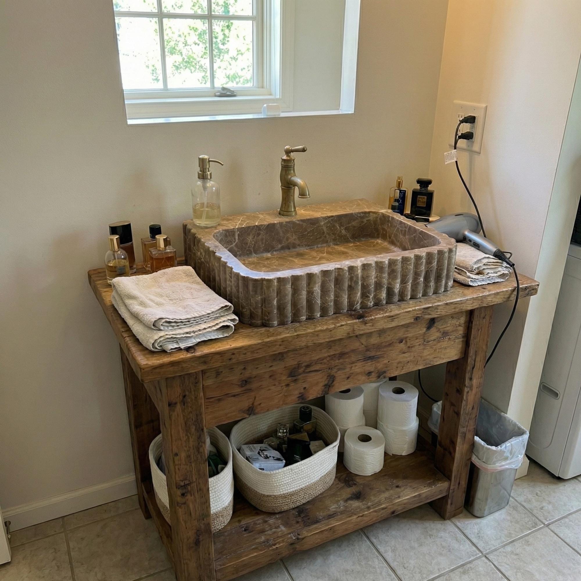 Emparador Marble Sink Grooved Front, Handmade Emparador Marble Sink, A Luxurious Vessel Sink