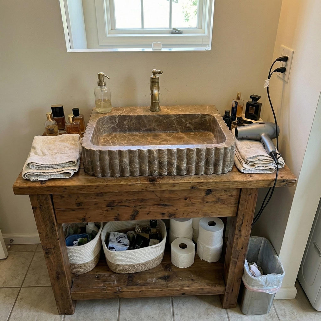 Emparador Marble Sink Grooved Front, Handmade Emparador Marble Sink, A Luxurious Vessel Sink