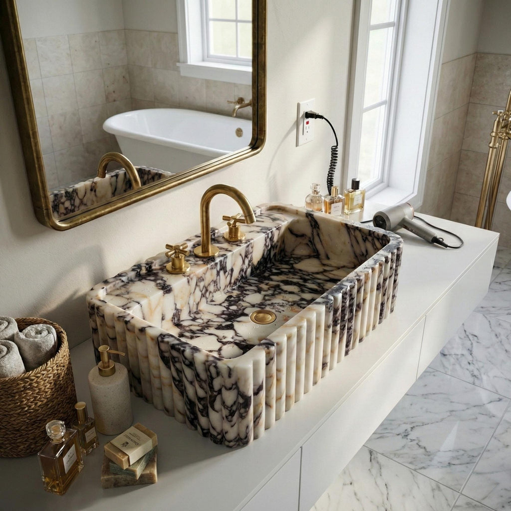 Custom Calacatta Monet Viola Marble Sink, Desing Violet Marble Sink, Bathroom Sink, Elegant Wall-Mounted Fluted Design Sink