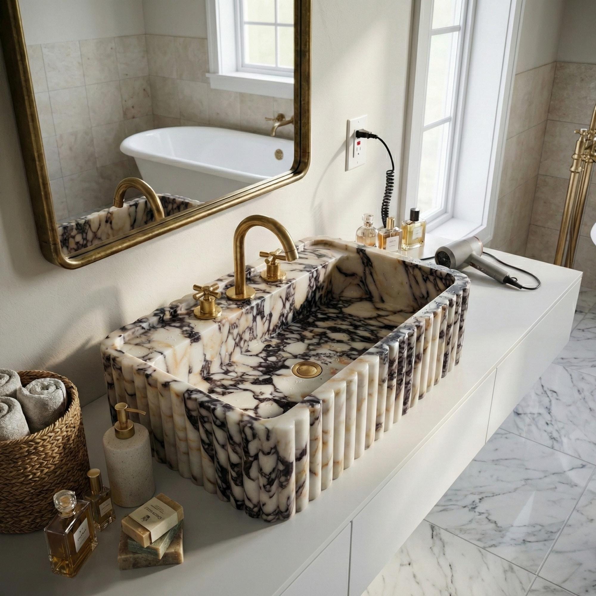 Custom Calacatta Monet Viola Marble Sink, Desing Violet Marble Sink, Bathroom Sink, Elegant Wall-Mounted Fluted Design Sink