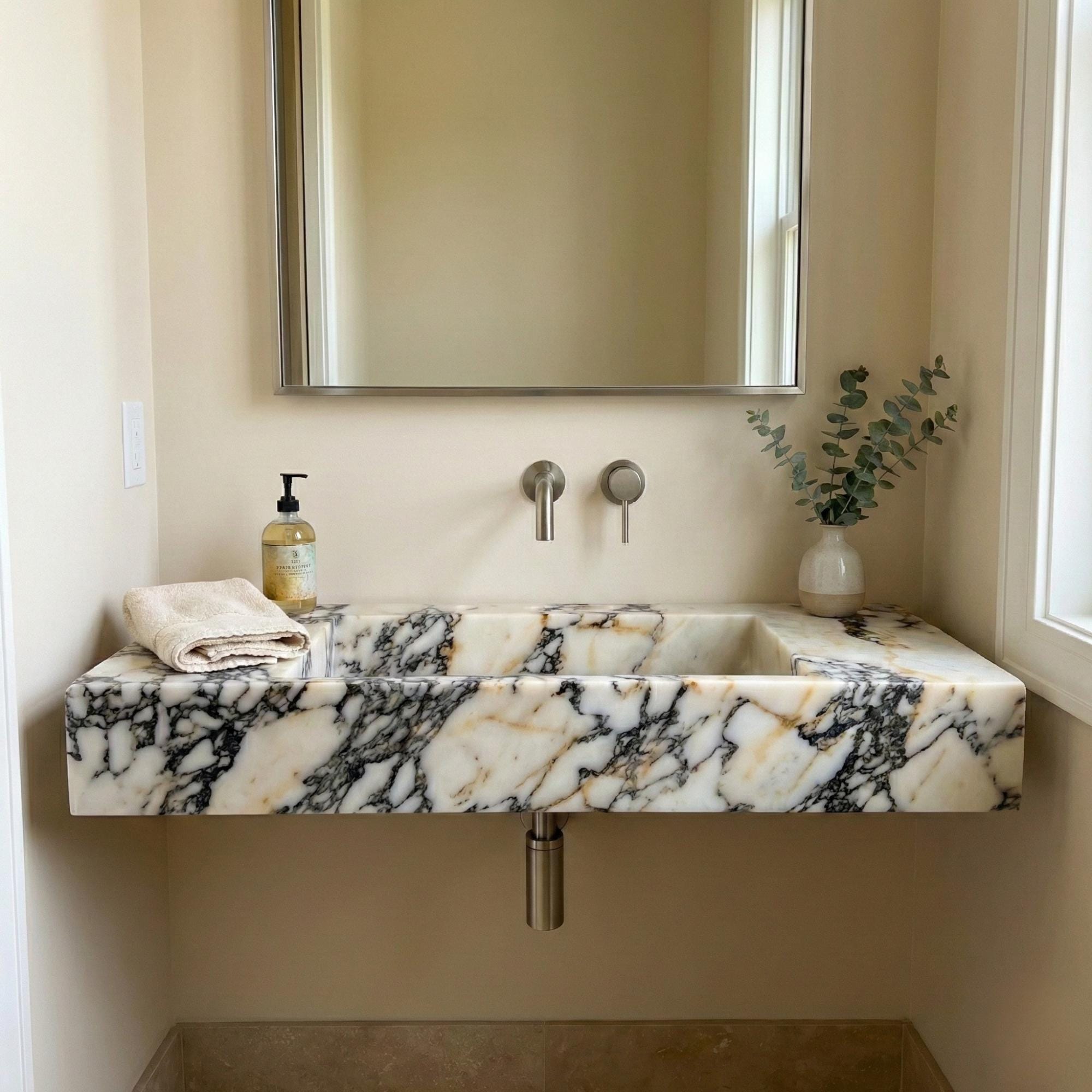 Calacatta Monet Marble Sink, Wall Mount Sink , Natural Stone, Handmade Calacatta Viola Marble Sink