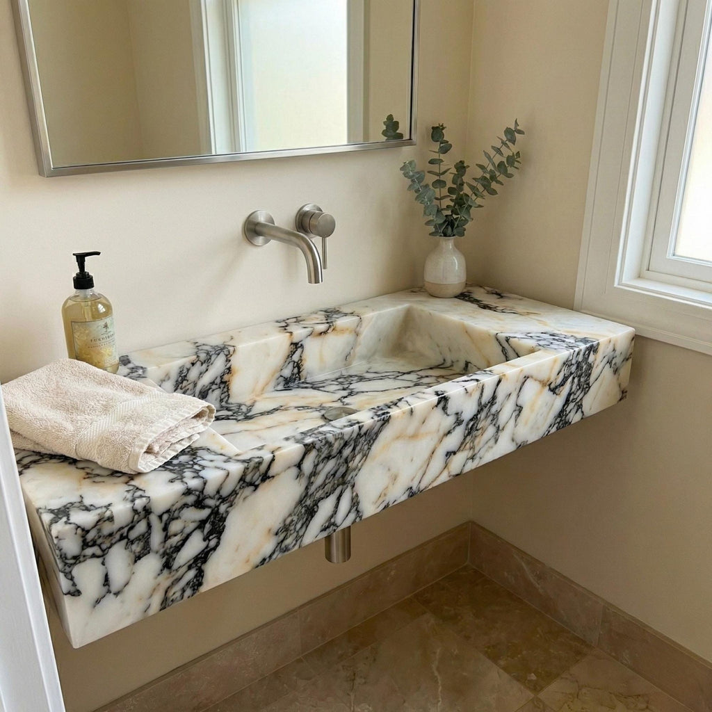 Calacatta Monet Marble Sink, Wall Mount Sink , Natural Stone, Handmade Calacatta Viola Marble Sink