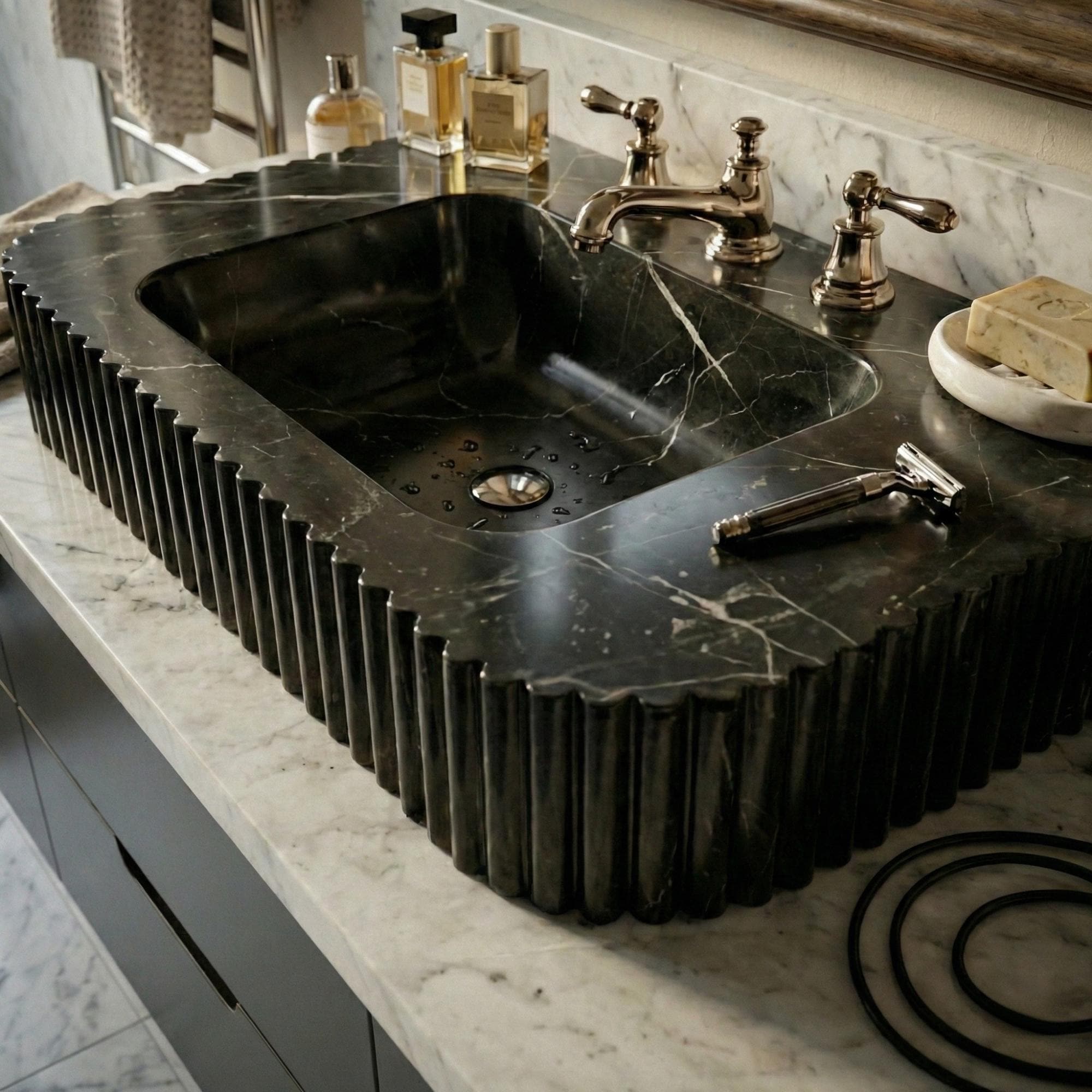 Handcrafted Nero Marquina Marble Console Sink, Wall Mounted Vanity