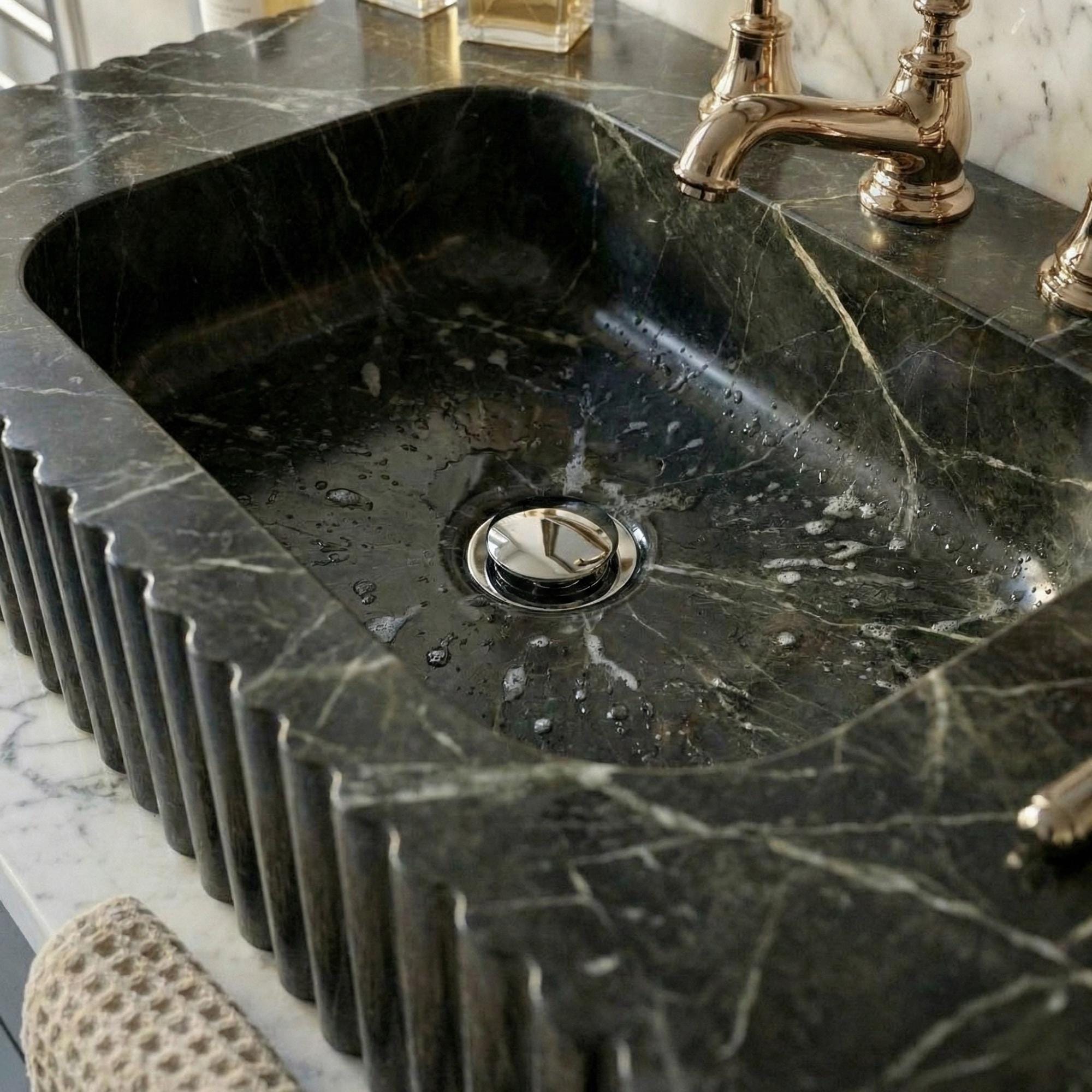 Handcrafted Nero Marquina Marble Console Sink, Wall Mounted Vanity