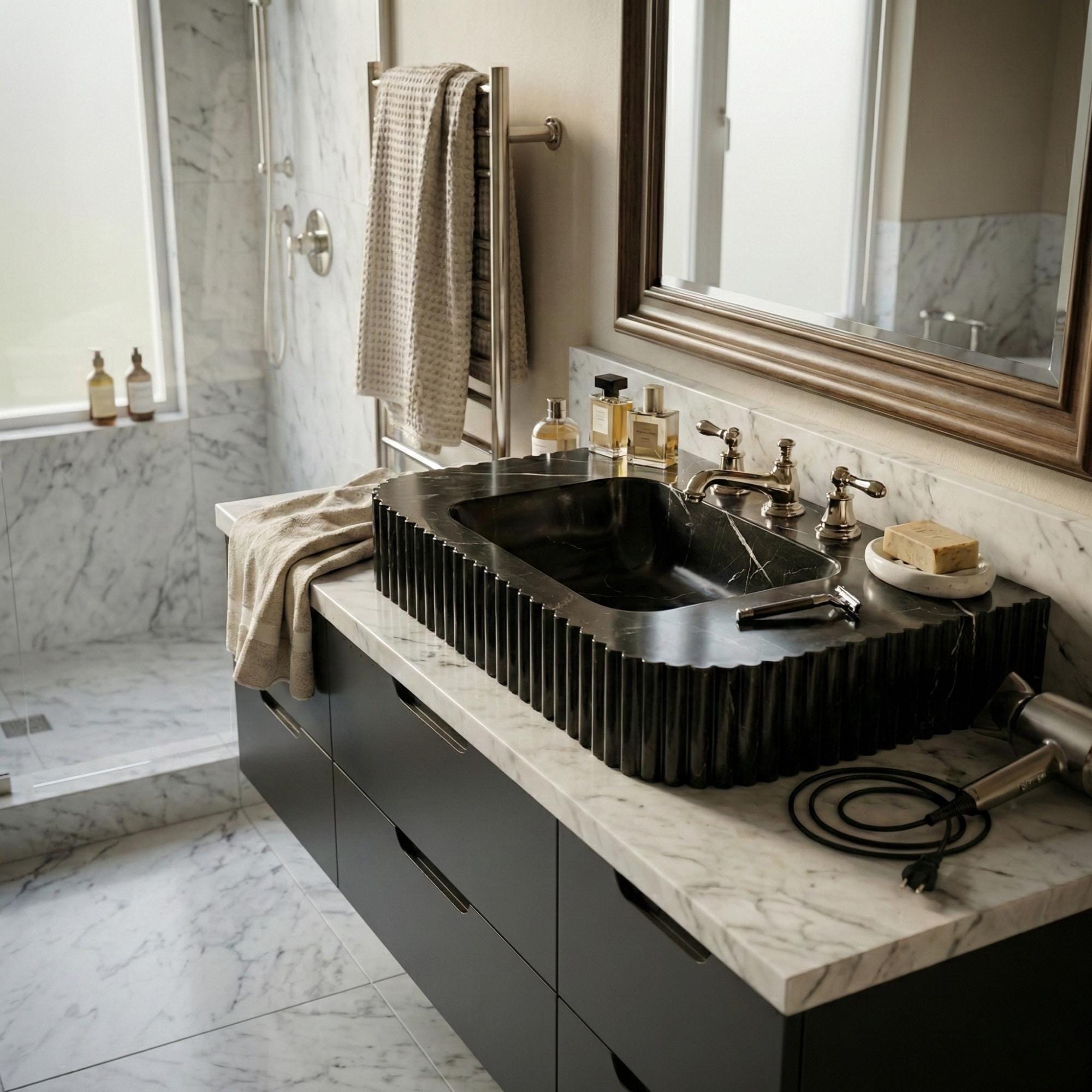 Handcrafted Nero Marquina Marble Console Sink, Wall Mounted Vanity