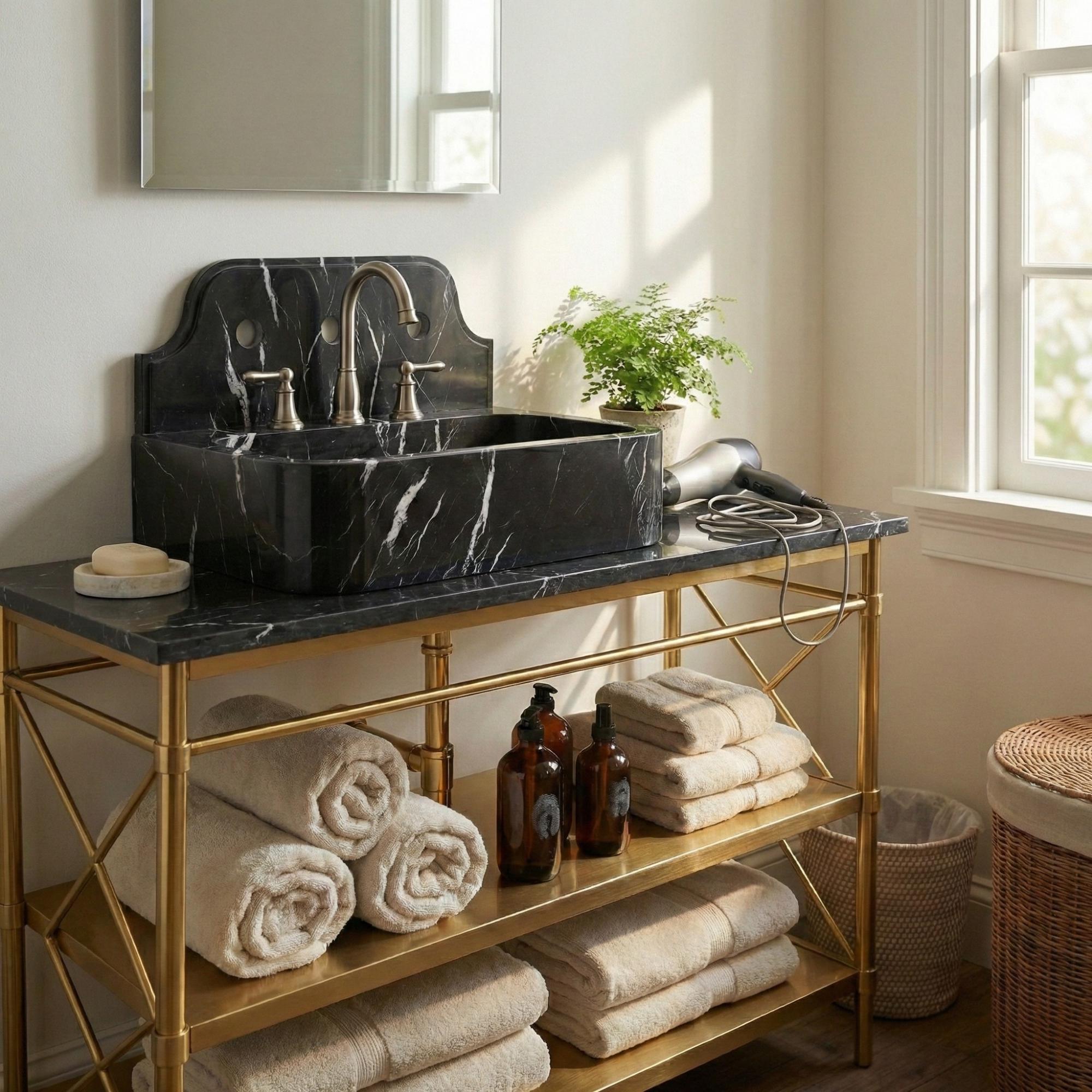 Black Marble Wall Mount Sink, Nero Marquina Marble Washbasin with Backsplash, Classical Bathroom Marble Floating Vanity