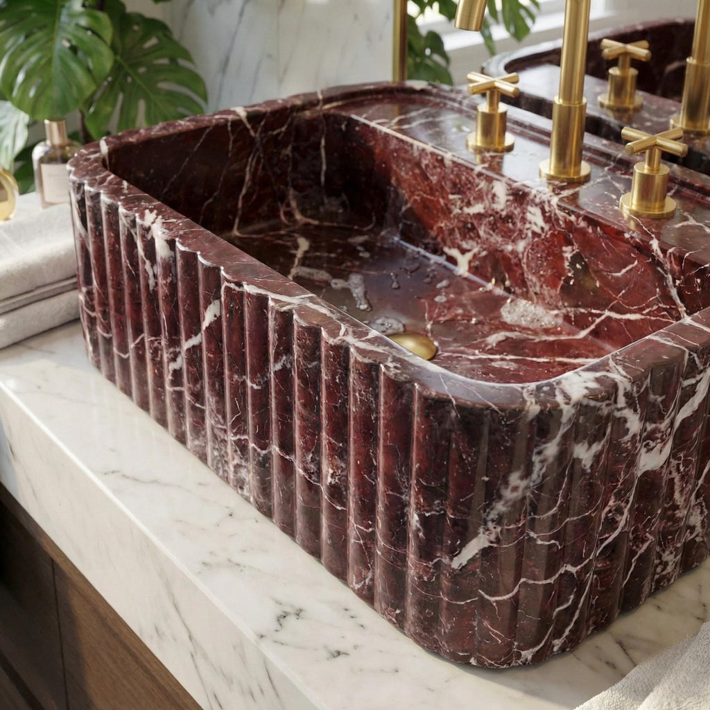 Handmade Fluted Red Marble Sink, Elazig Cherry Marble Sink, Handcrafted Natural Stone Basin For Bathroom