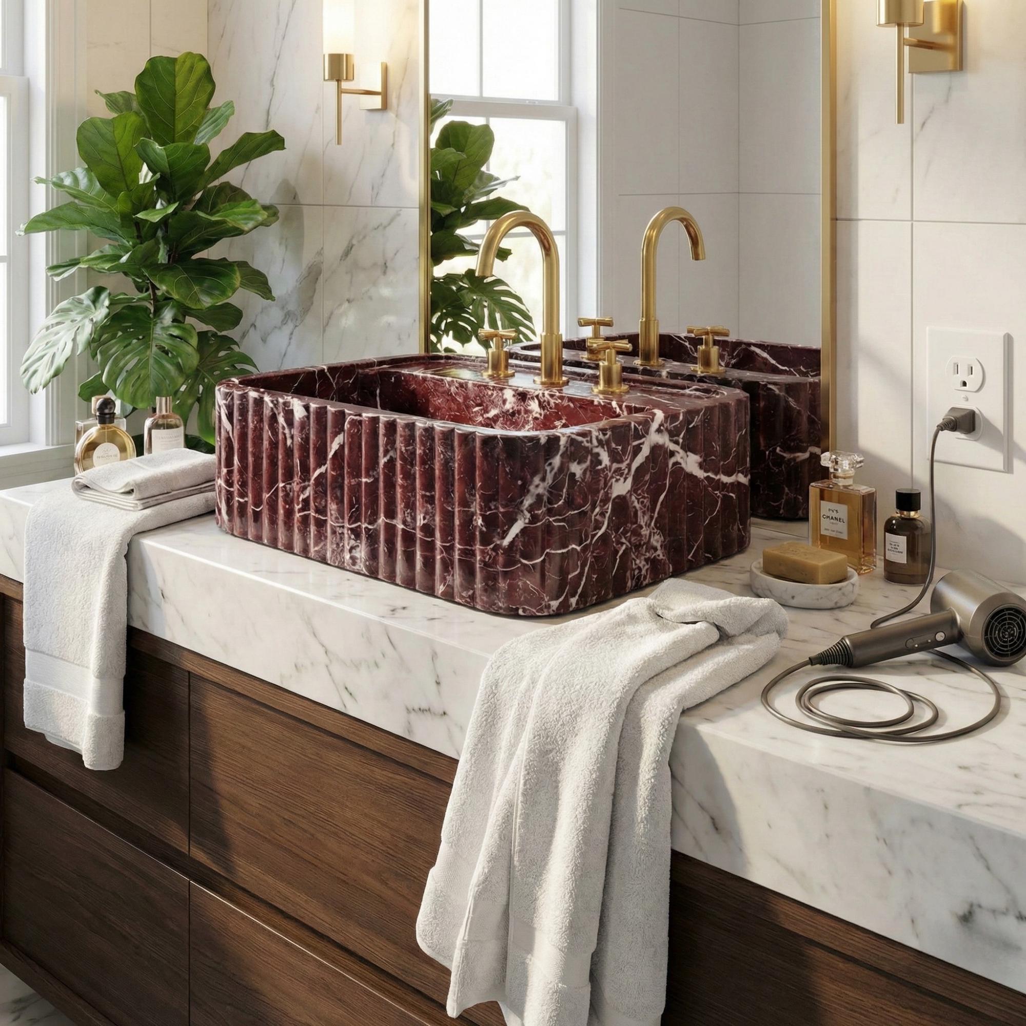 Handmade Fluted Red Marble Sink, Elazig Cherry Marble Sink, Handcrafted Natural Stone Basin For Bathroom