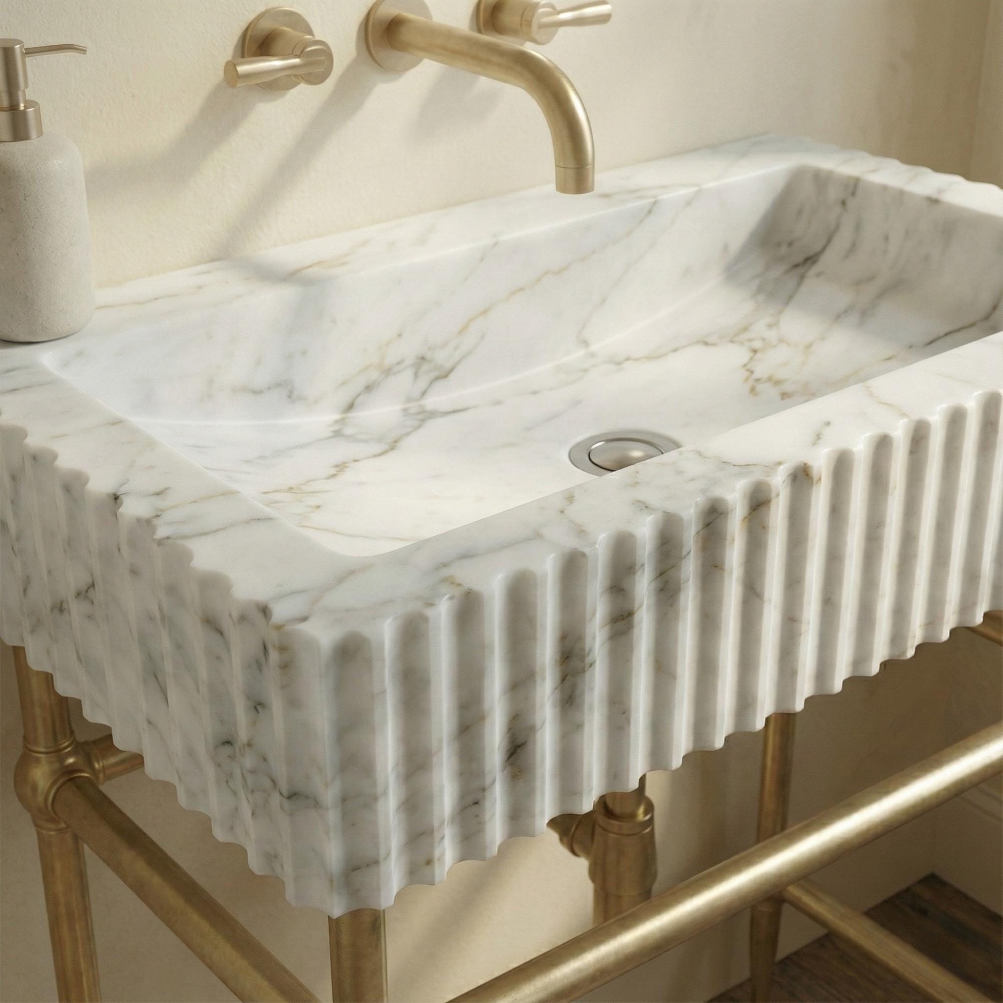 Marble Console Sink with Brass Stand, Fluted White Marble Bathroom Sink, Wall Mounted Luxury Vanity Sink, Handmade Natural Stone Washbasin