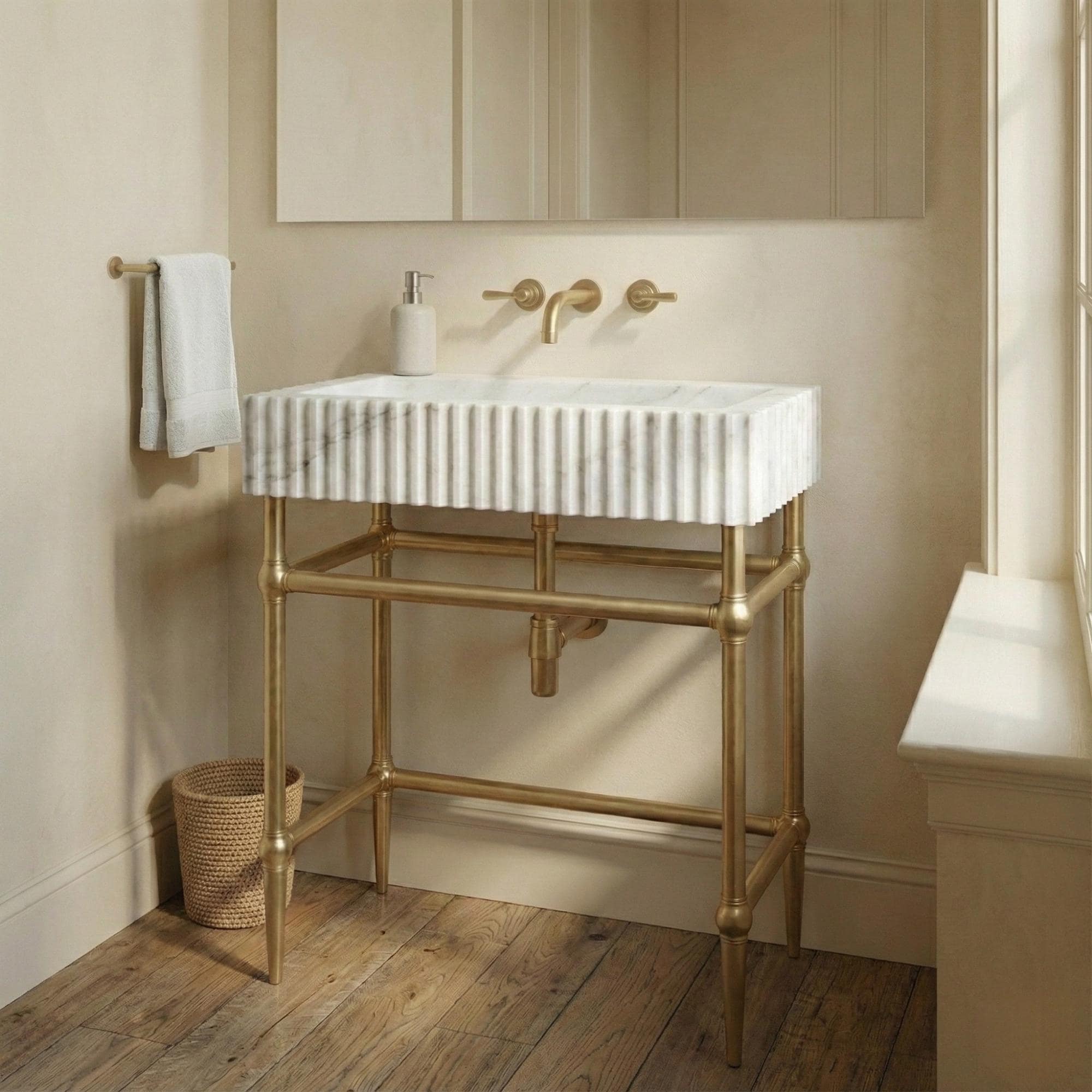 Marble Console Sink with Brass Stand, Fluted White Marble Bathroom Sink, Wall Mounted Luxury Vanity Sink, Handmade Natural Stone Washbasin