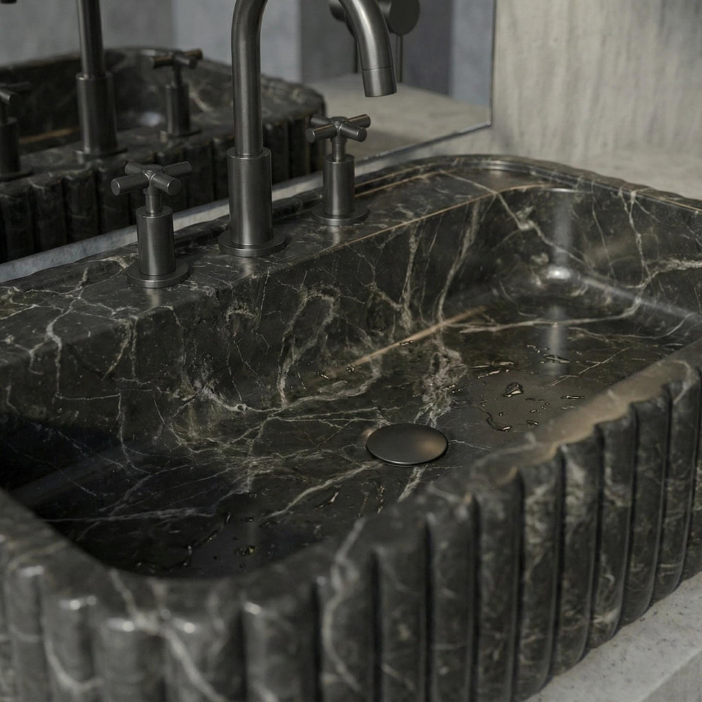 Handcrafted Premium Nero Marquina Marble Sink, Grooved Fluted Black Stone Vessel Basin, Luxury Bathroom Vanity Bowl,
