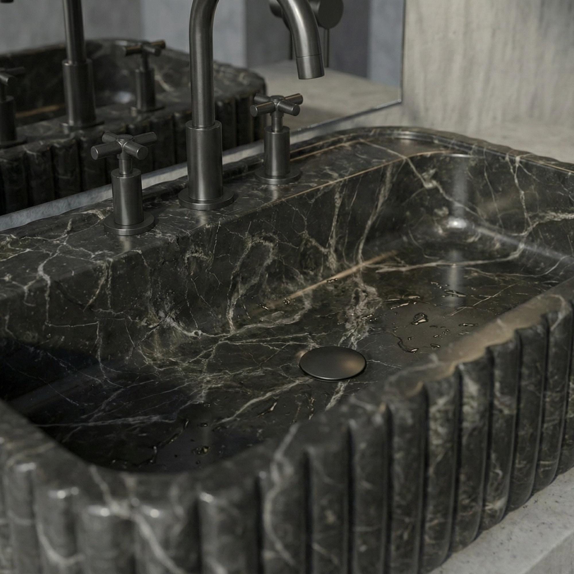 Handcrafted Premium Nero Marquina Marble Sink, Grooved Fluted Black Stone Vessel Basin, Luxury Bathroom Vanity Bowl,
