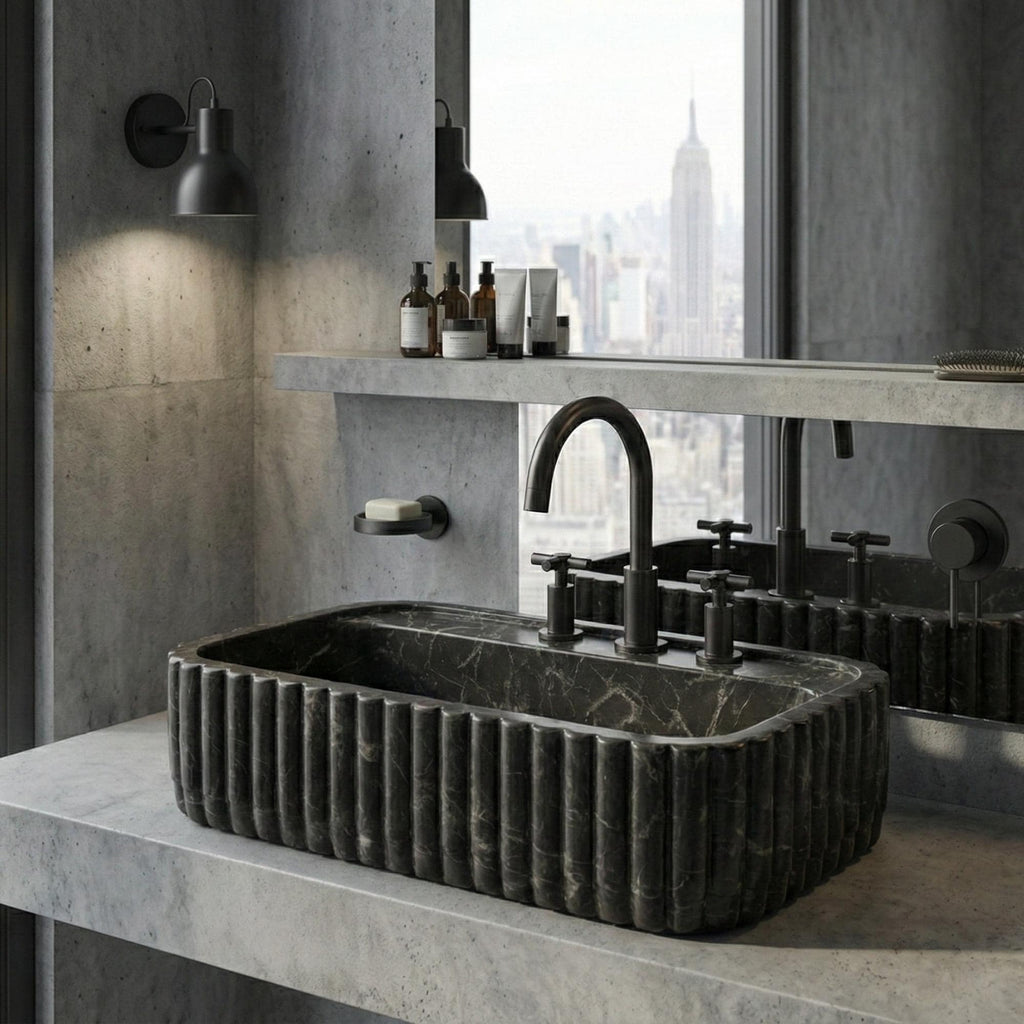 Handcrafted Premium Nero Marquina Marble Sink, Grooved Fluted Black Stone Vessel Basin, Luxury Bathroom Vanity Bowl,