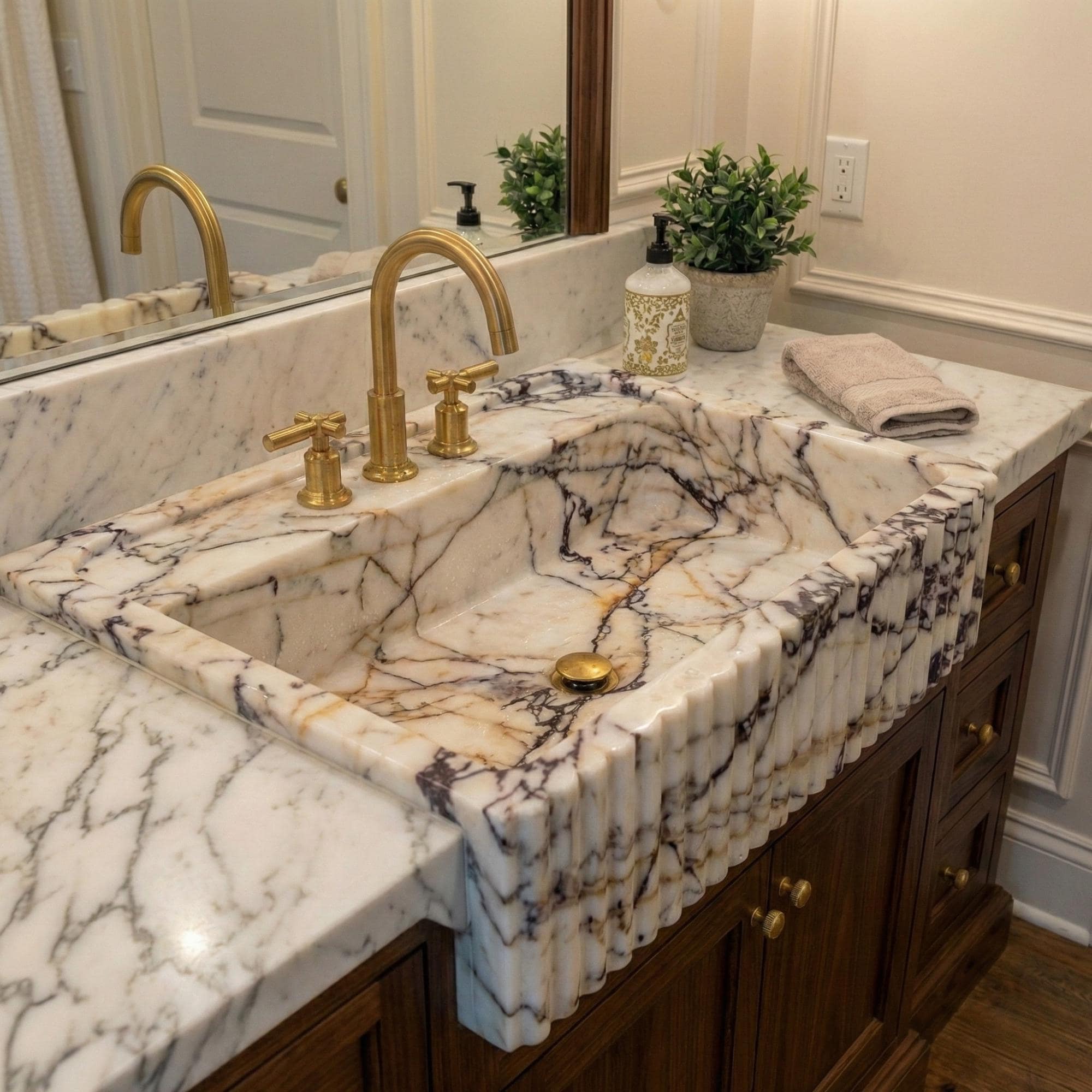 Calacatta Marble Sink with Walnut Vanity, Fluted Bathroom Vanity, Custom Stone Vessel Sink, Modern Luxury Bathroom Decor