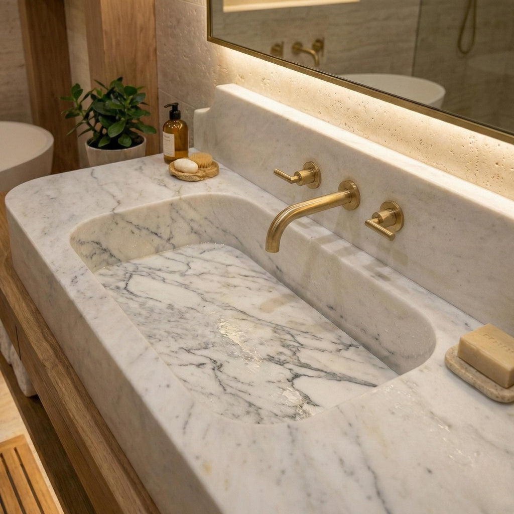 Calacatta Viola Monet Marble Sink, Viola Monet Marble Sink with Backsplash, Luxury One-Block Sink