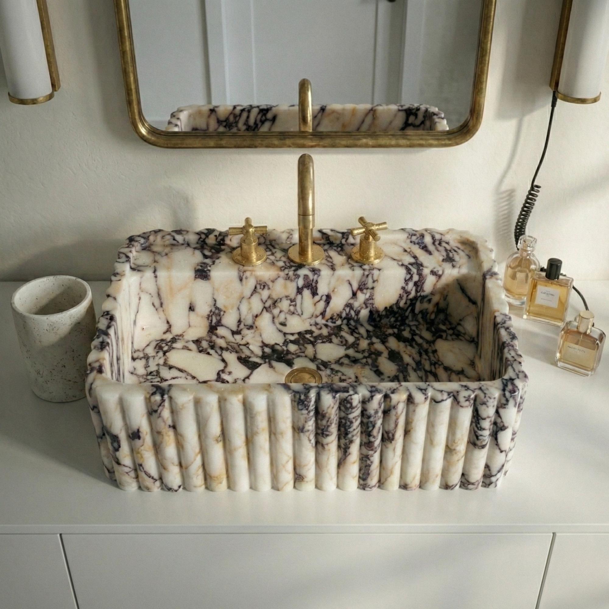 Custom Calacatta Monet Viola Marble Sink, Desing Violet Marble Sink, Bathroom Sink, Elegant Wall-Mounted Fluted Design Sink