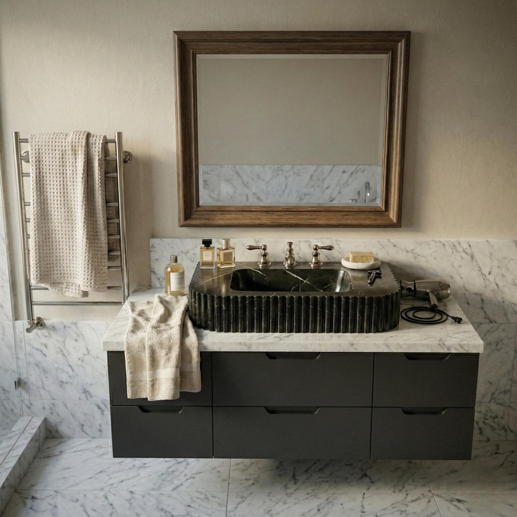 Handcrafted Nero Marquina Marble Console Sink, Wall Mounted Vanity