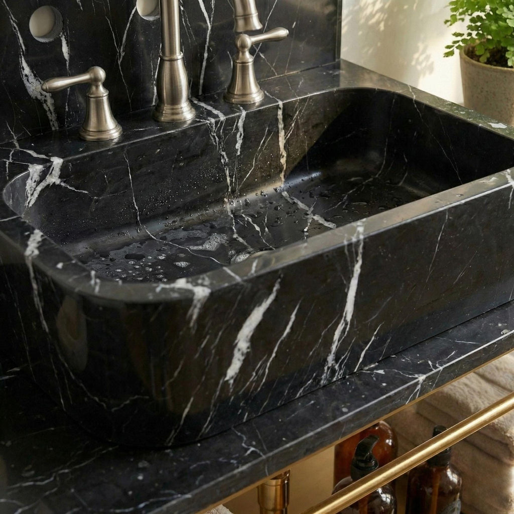 Black Marble Wall Mount Sink, Nero Marquina Marble Washbasin with Backsplash, Classical Bathroom Marble Floating Vanity