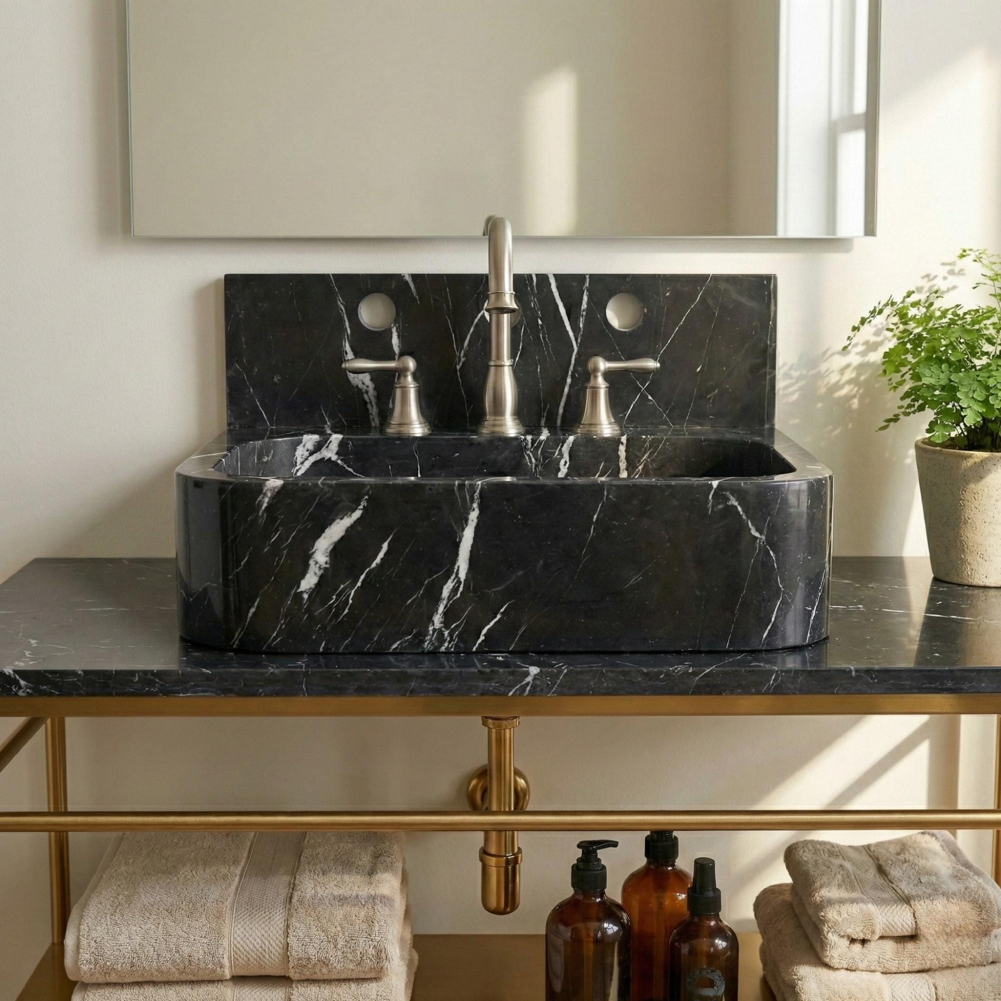 Black Marble Wall Mount Sink, Nero Marquina Marble Washbasin with Backsplash, Classical Bathroom Marble Floating Vanity