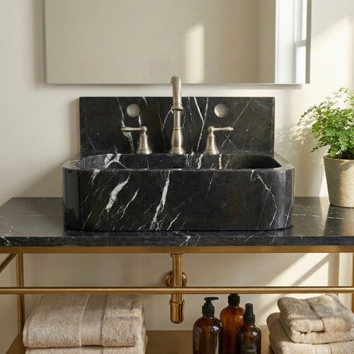 Black Marble Wall Mount Sink, Nero Marquina Marble Washbasin with Backsplash, Classical Bathroom Marble Floating Vanity
