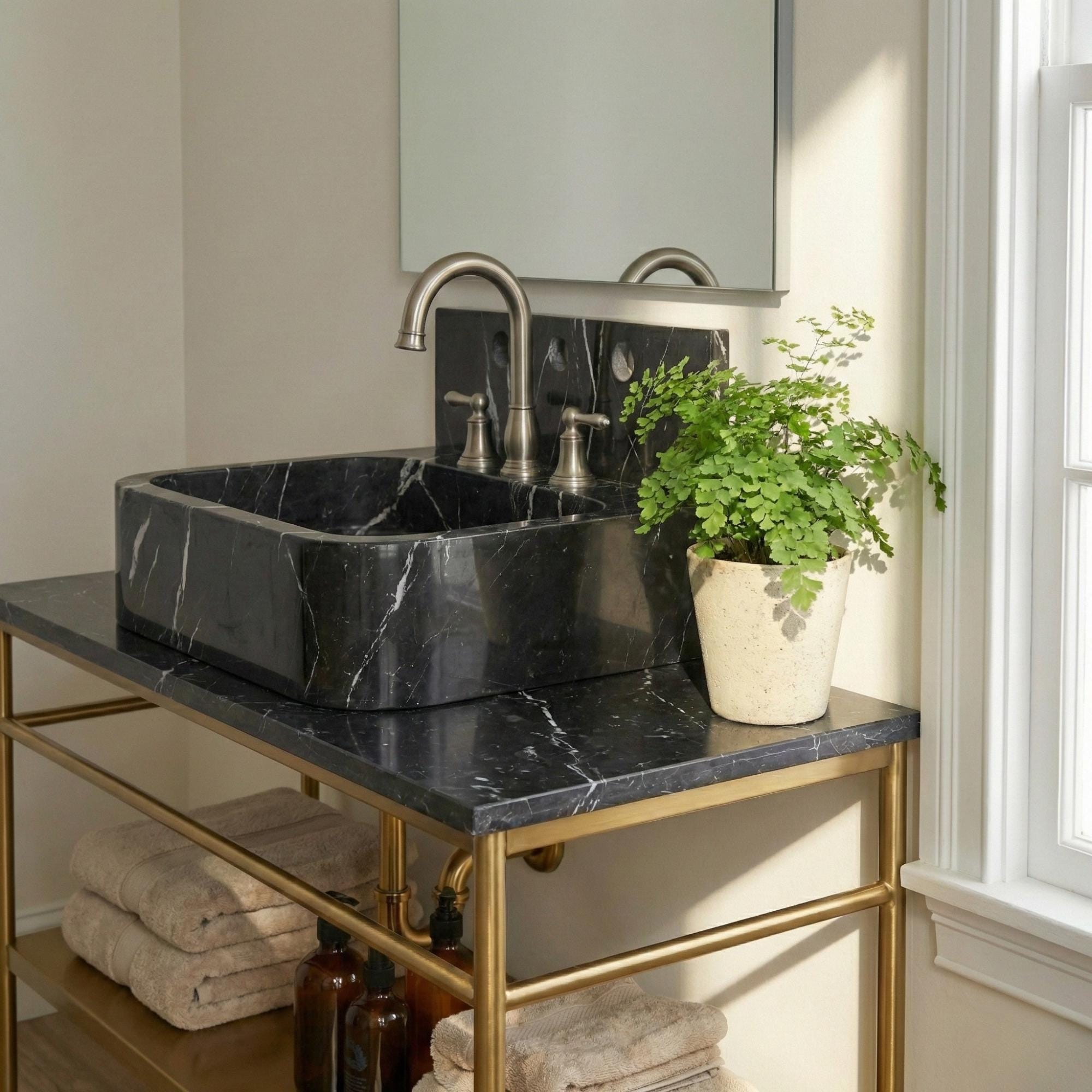 Black Marble Wall Mount Sink, Nero Marquina Marble Washbasin with Backsplash, Classical Bathroom Marble Floating Vanity
